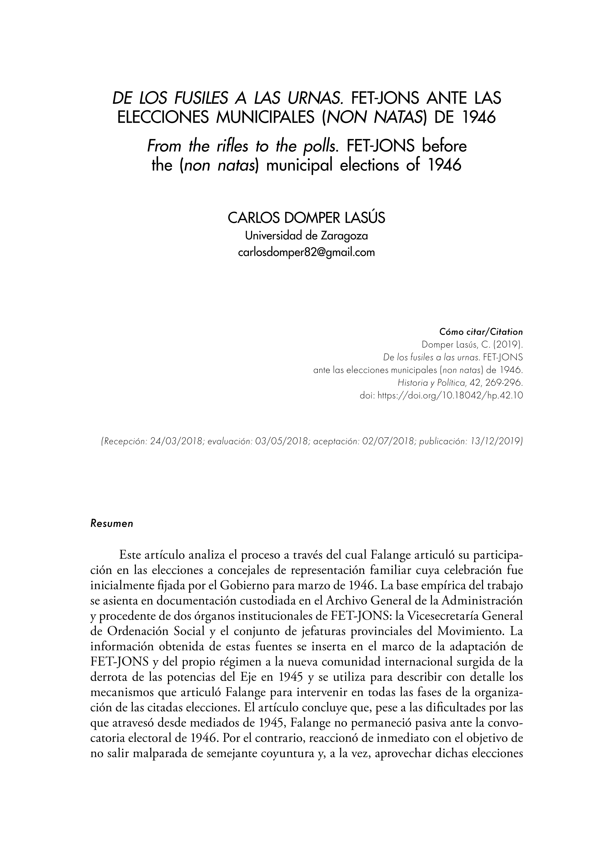De los fusiles a las urnas. FET-JONS ante las elecciones municipales (non natas) de 1946