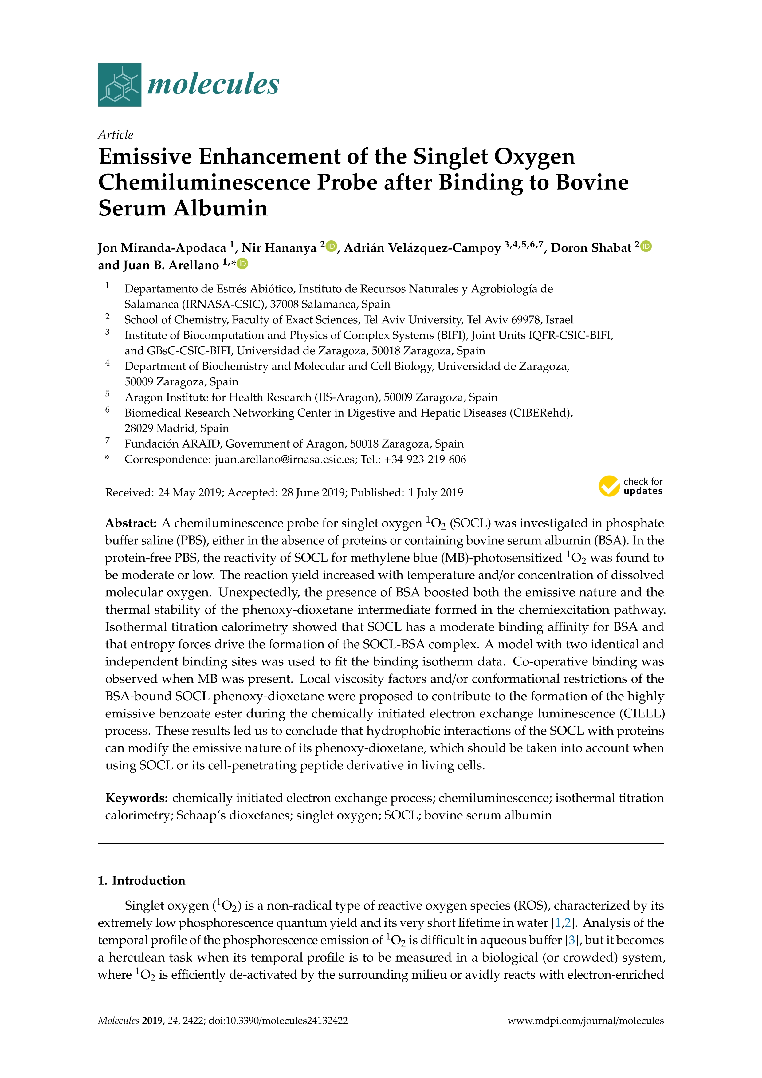 Emissive enhancement of the singlet oxygen chemiluminescence probe after binding to bovine serum albumin