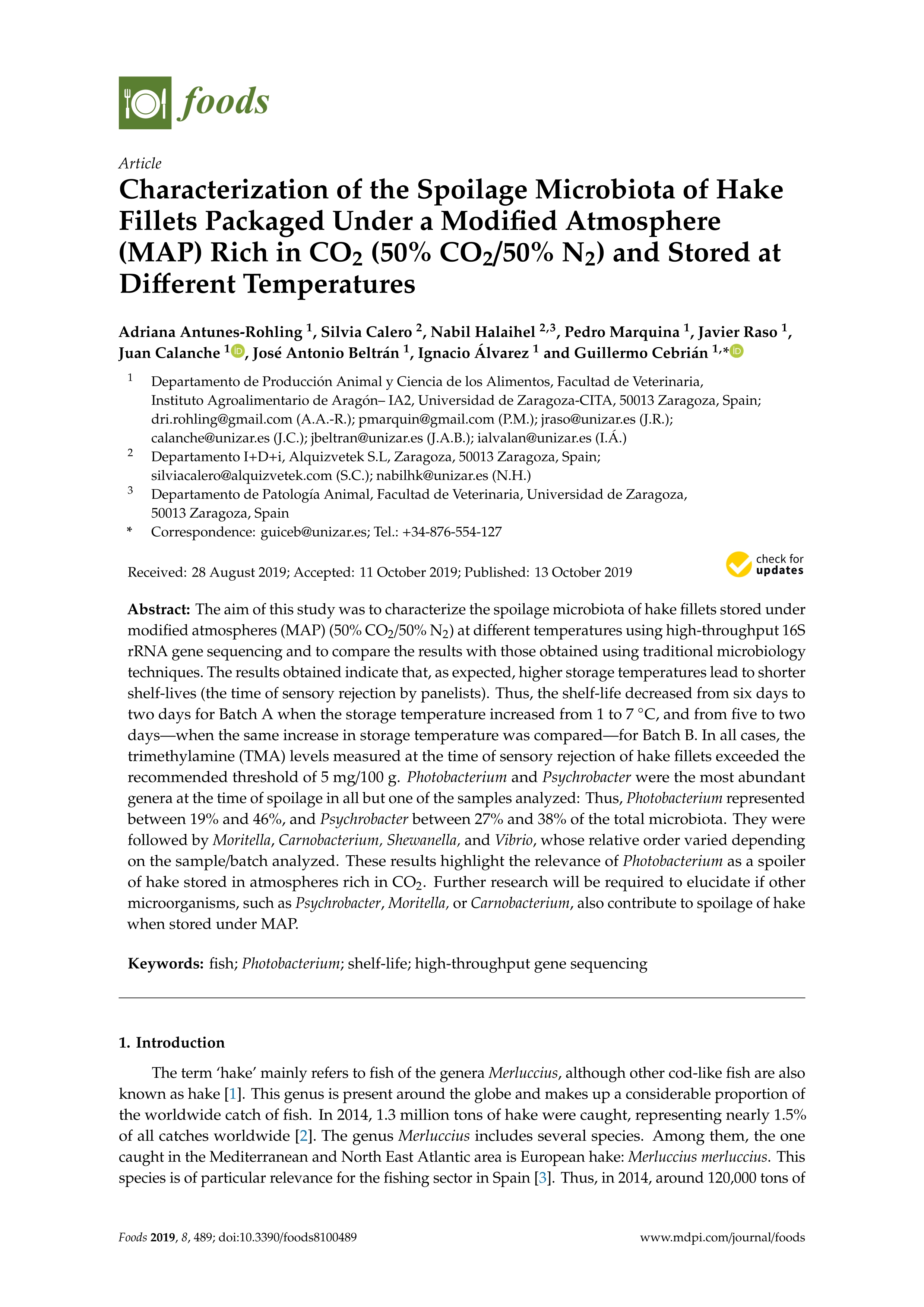 Characterization of the spoilage microbiota of hake fillets packaged under a modified atmosphere (MAP) rich in CO2 (50% CO2/50% N2) and stored at different temperatures