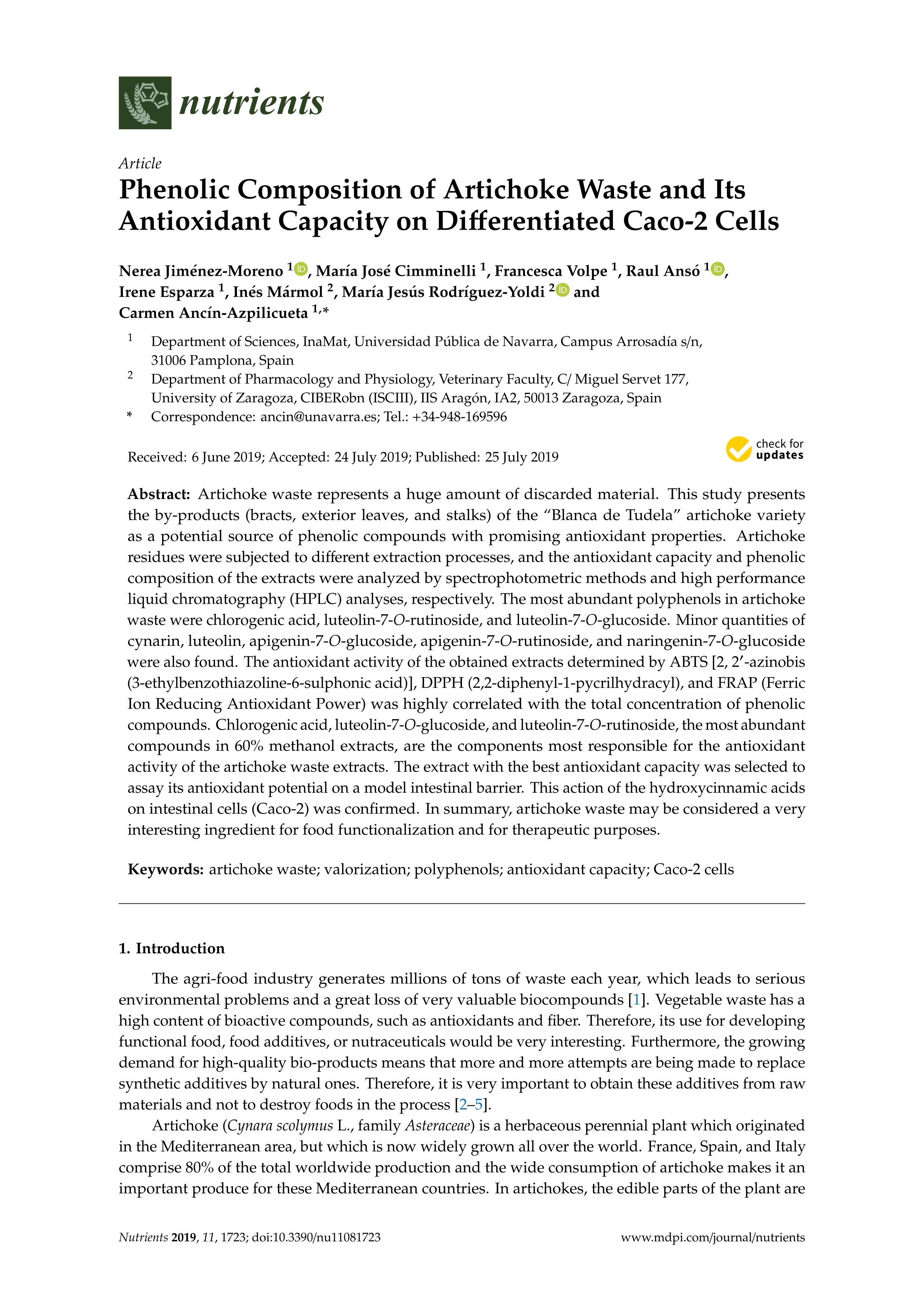 Phenolic composition of artichoke waste and its antioxidant capacity on differentiated Caco-2 cells