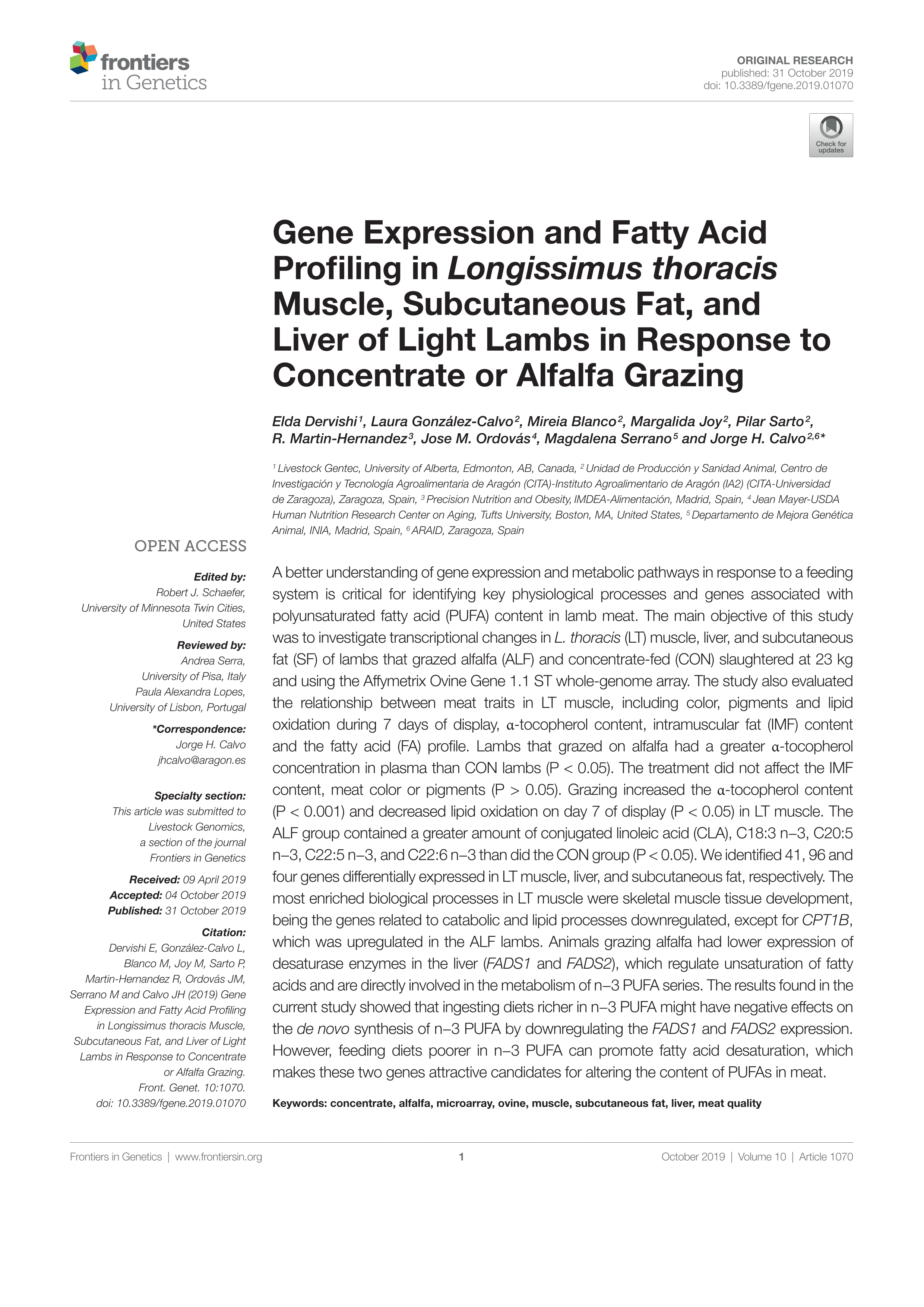 Gene expression and fatty acid profiling in longissimus thoracis muscle, subcutaneous fat, and liver of light lambs in response to concentrate or alfalfa grazing