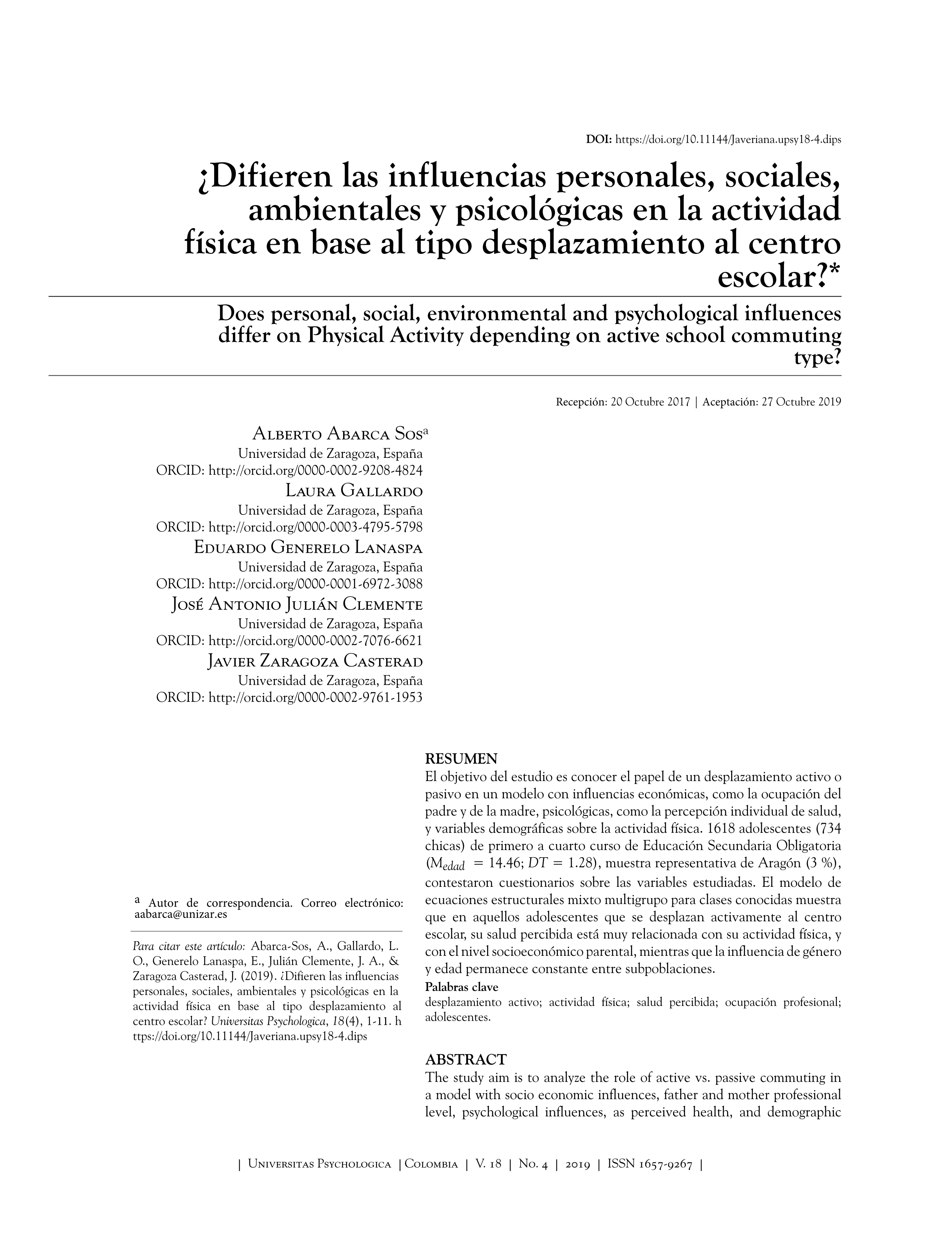 ¿Difieren las influencias personales, sociales, ambientales y psicológicas en la actividad física en base al tipo desplazamiento al centro escolar?