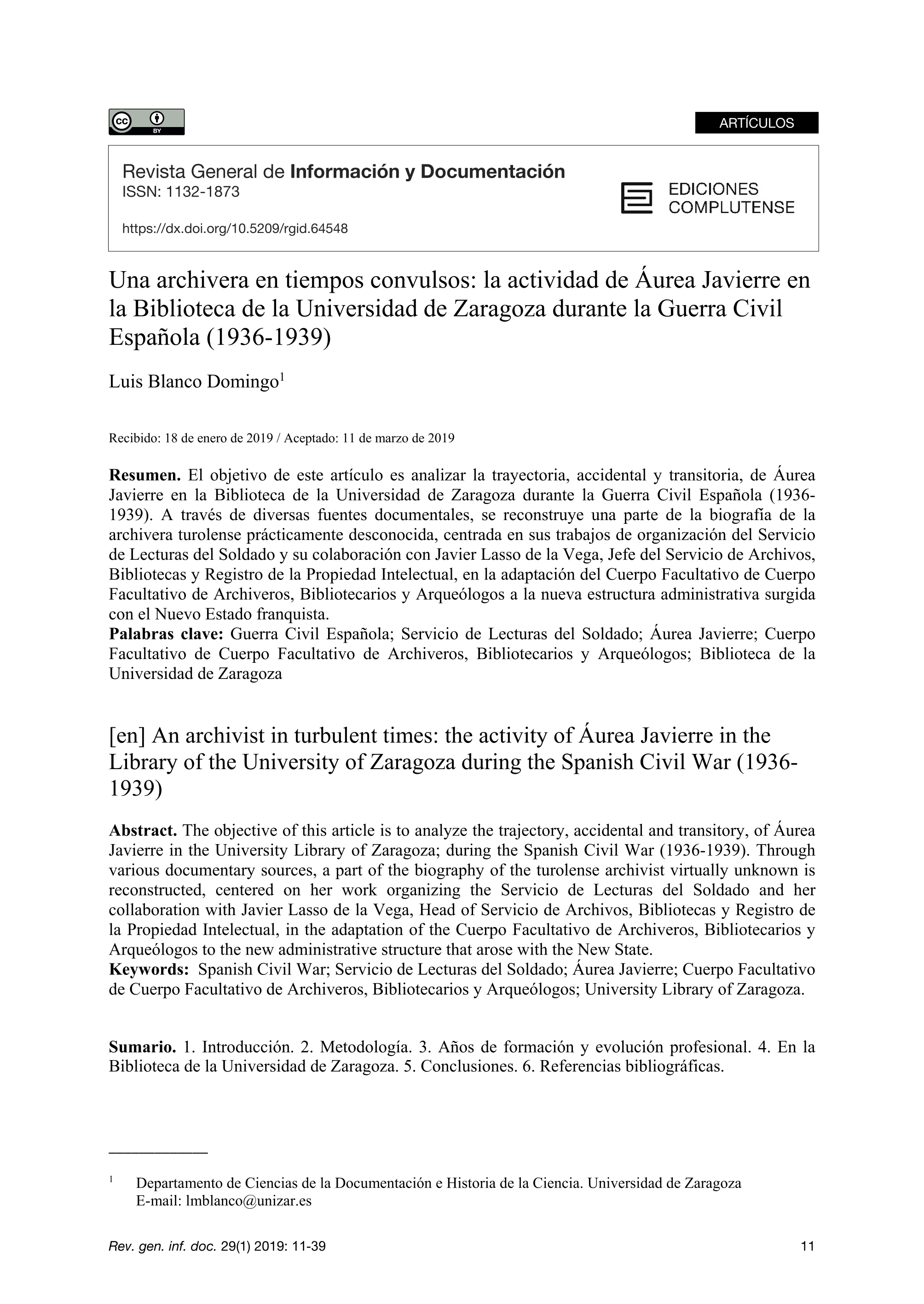 Una archivera en tiempos convulsos: La actividad de áurea Javierre en la Biblioteca de la Universidad de Zaragoza durante la Guerra Civil Española (1936-1939)