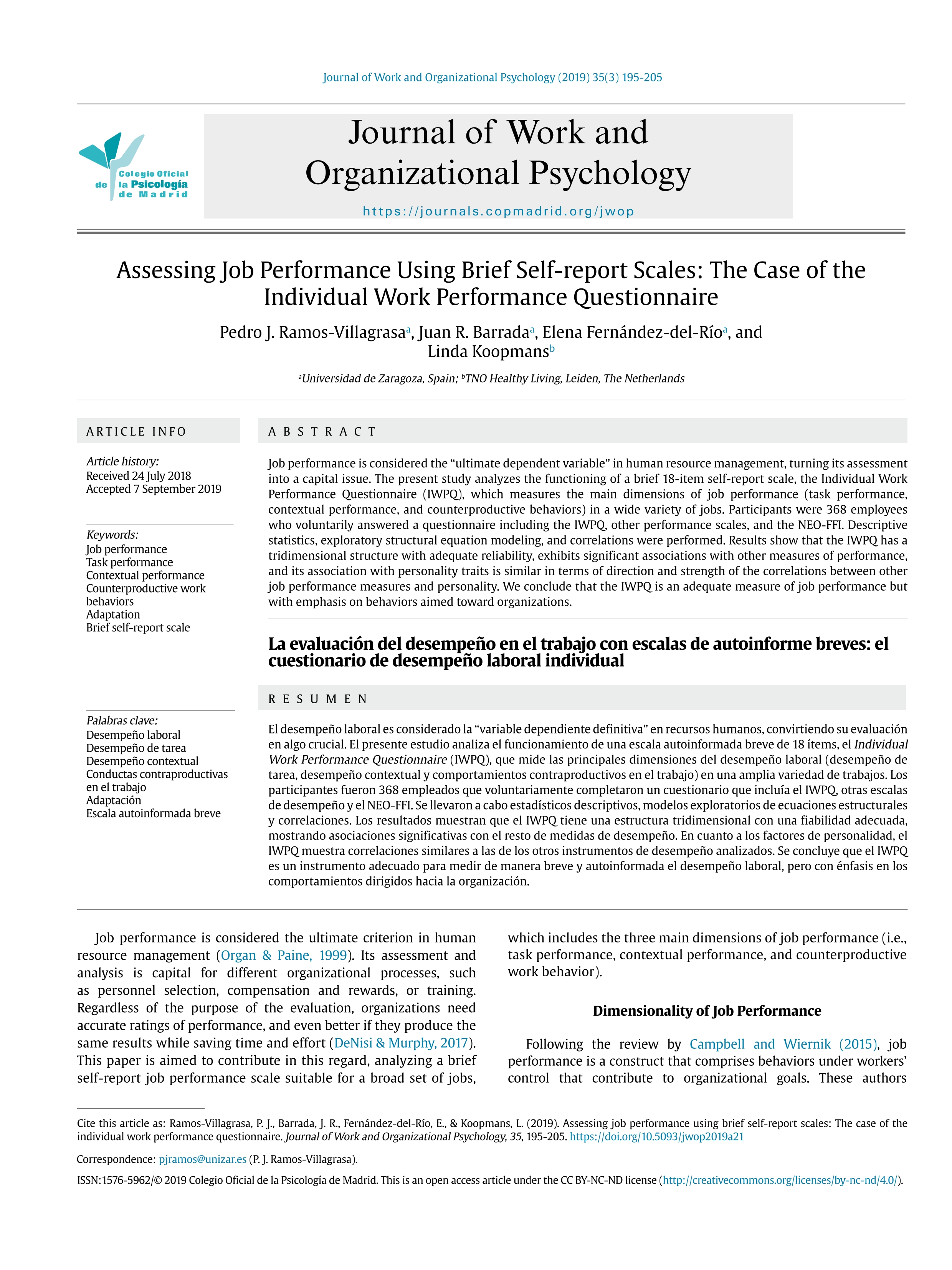 Assessing job performance using brief self-report scales: The case of the individual work performance questionnaire