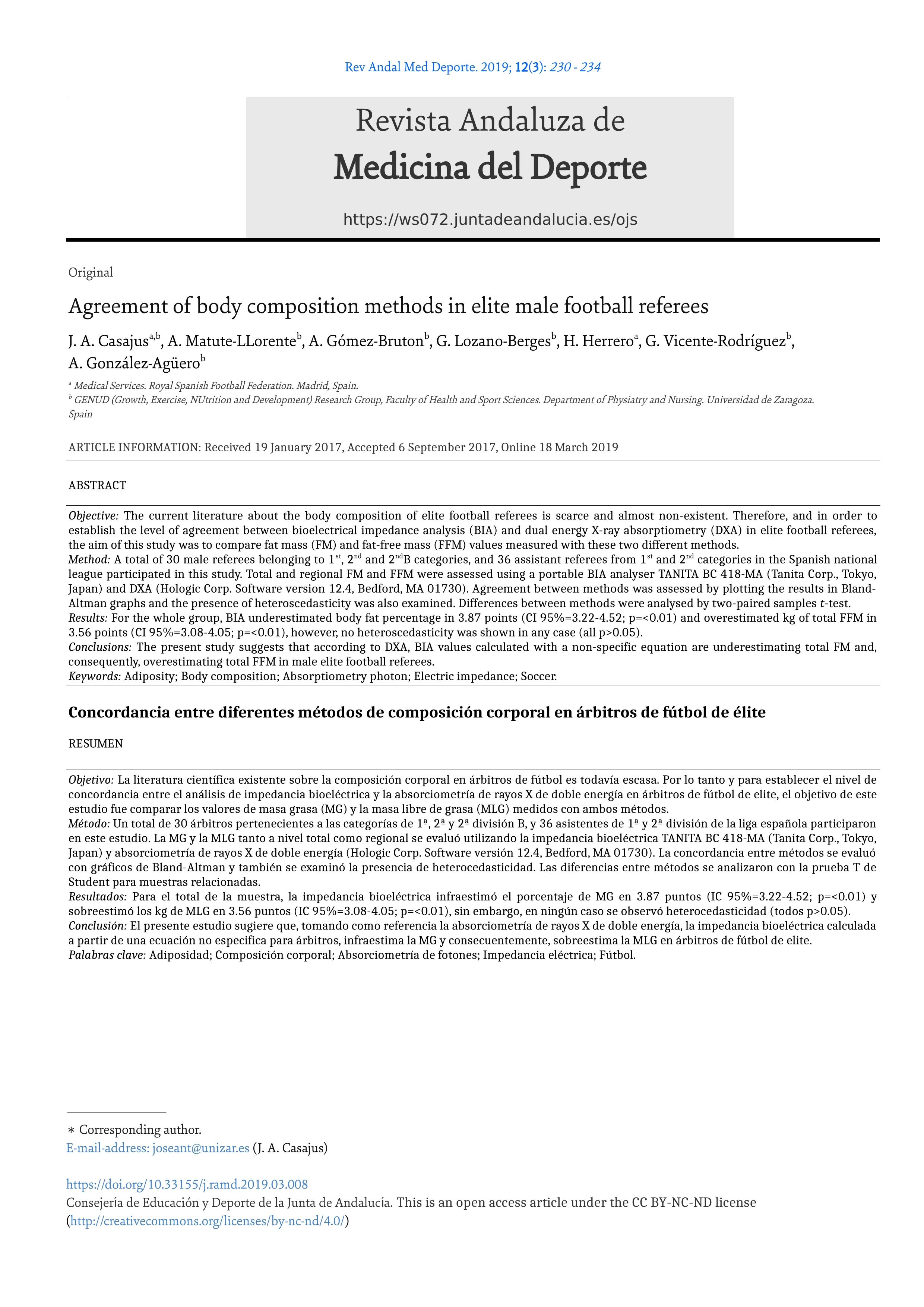 Agreement of body composition methods in elite male football referees