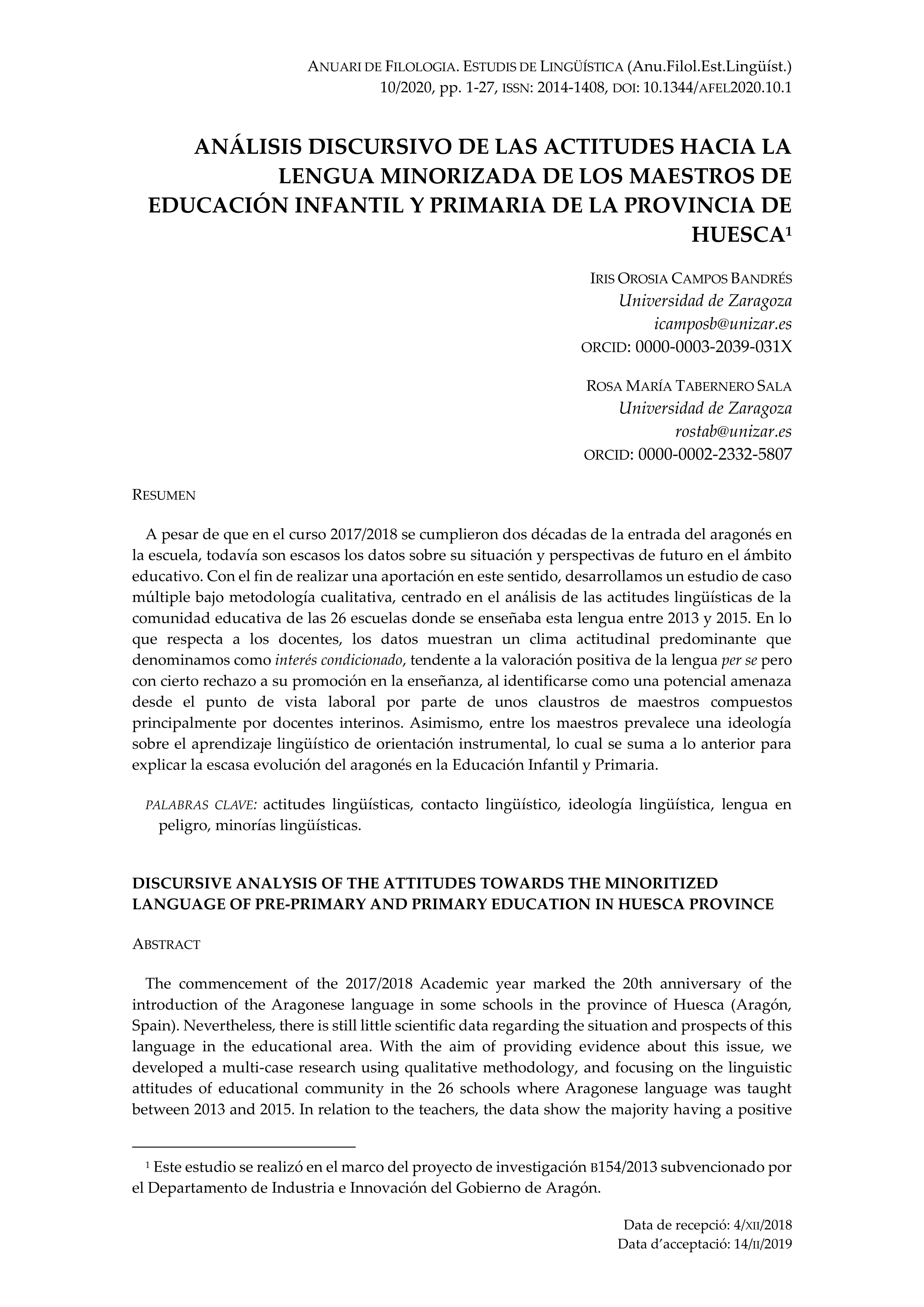 Análisis discursivo de las actitudes hacia la lengua minorizada de los maestros de educación infantil y primaria de la provincia de huesca