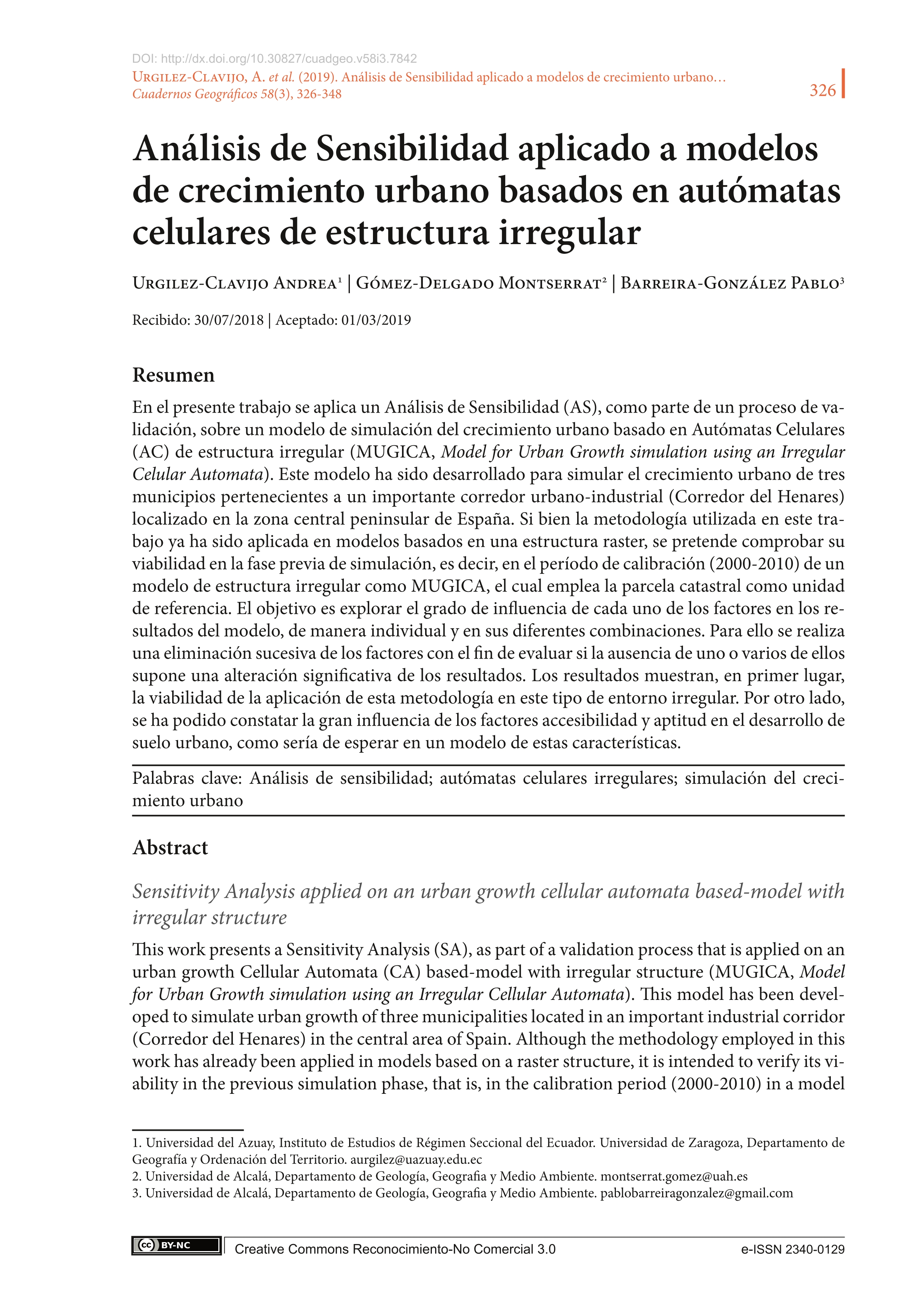 Análisis de Sensibilidad aplicado a modelos de crecimiento urbano basados en autómatas celulares de estructura irregular