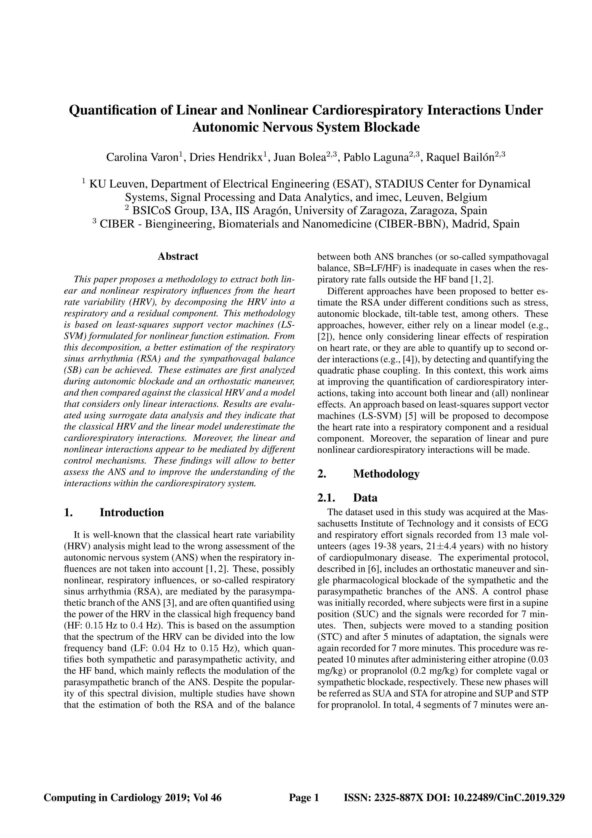 Quantification of Linear and Nonlinear Cardiorespiratory Interactions under Autonomic Nervous System Blockade