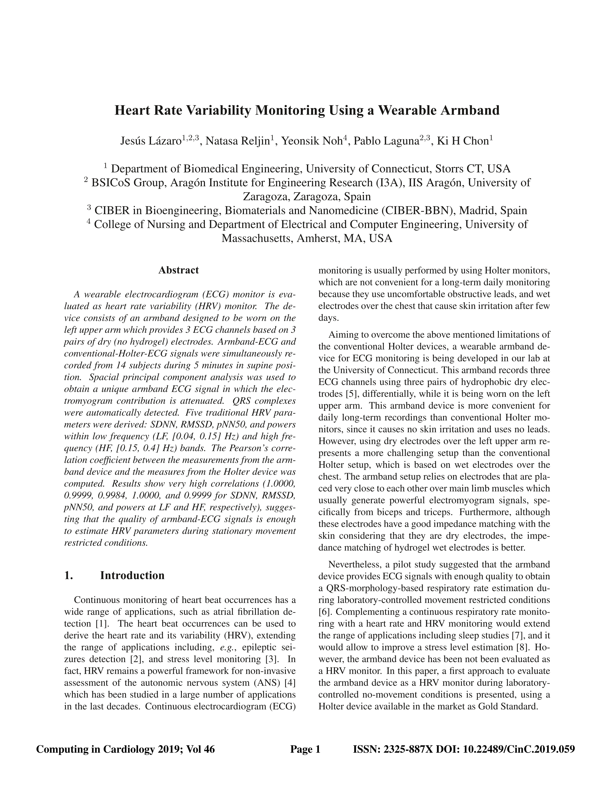 Heart Rate Variability Monitoring Using a Wearable Armband