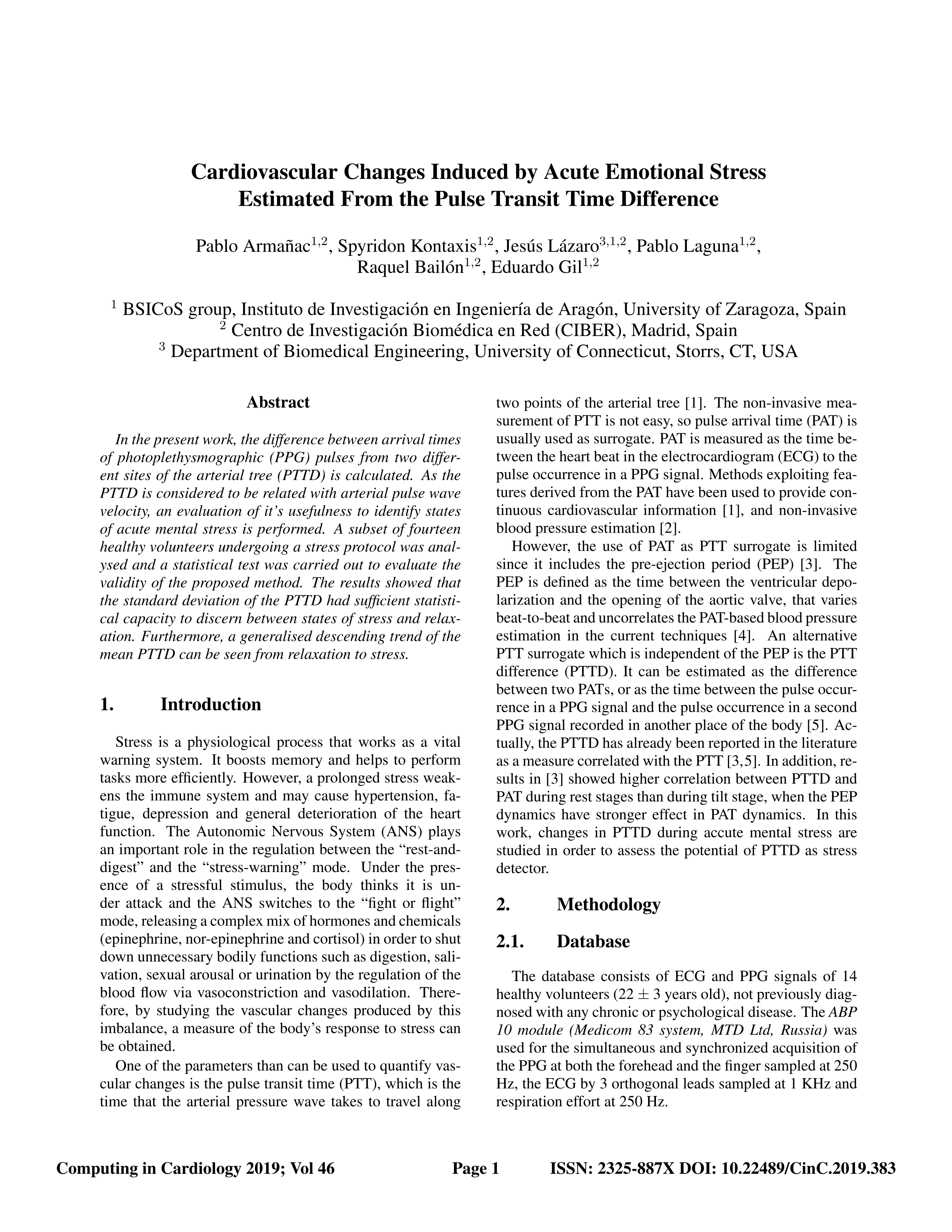 Cardiovascular Changes Induced by Acute Emotional Stress Estimated from the Pulse Transit Time Difference