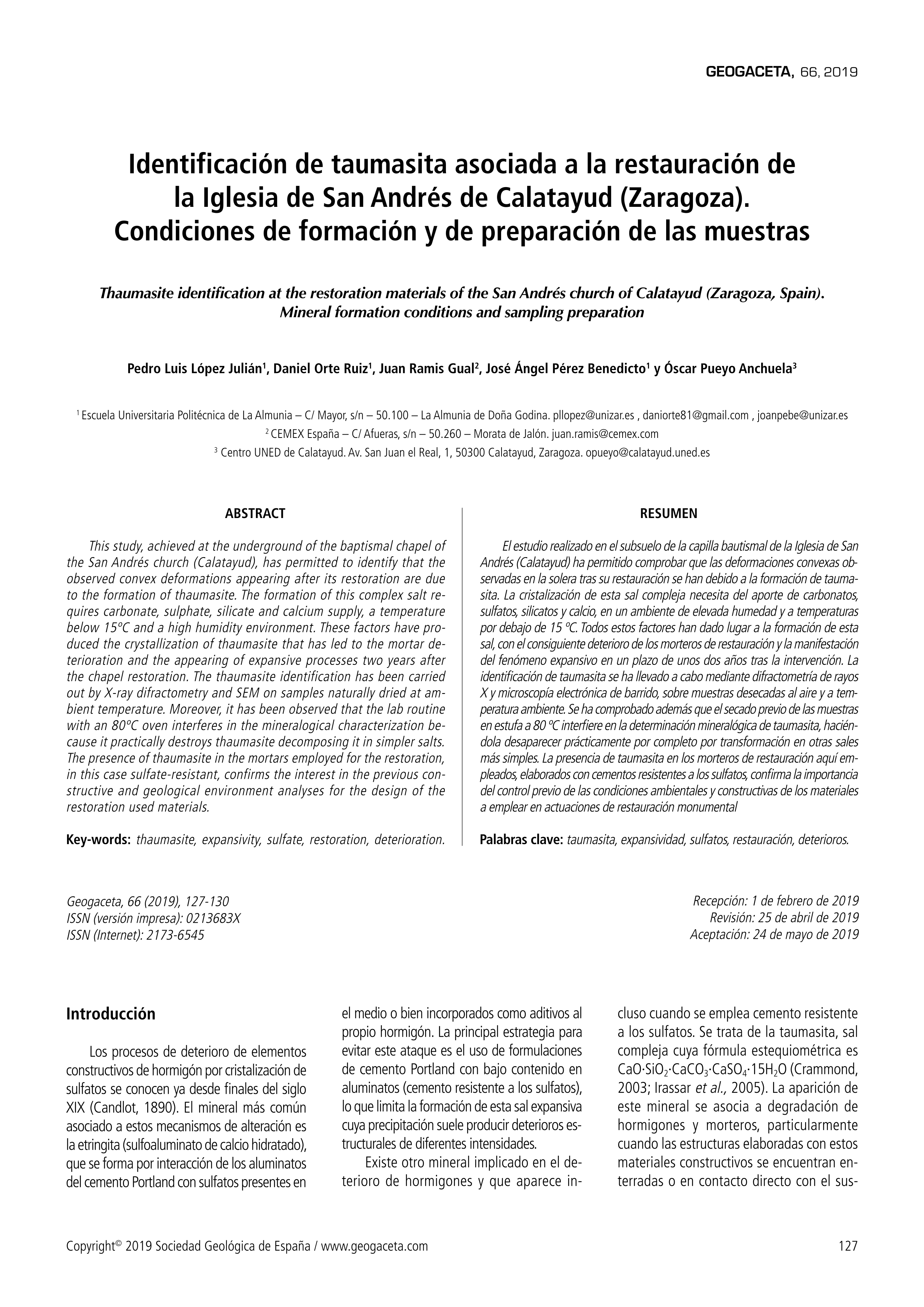 Identificación de taumasita asociada a la restauración de la Iglesia de San Andrés de Calatayud (Zaragoza). Condiciones de formación y de preparación de las muestras
