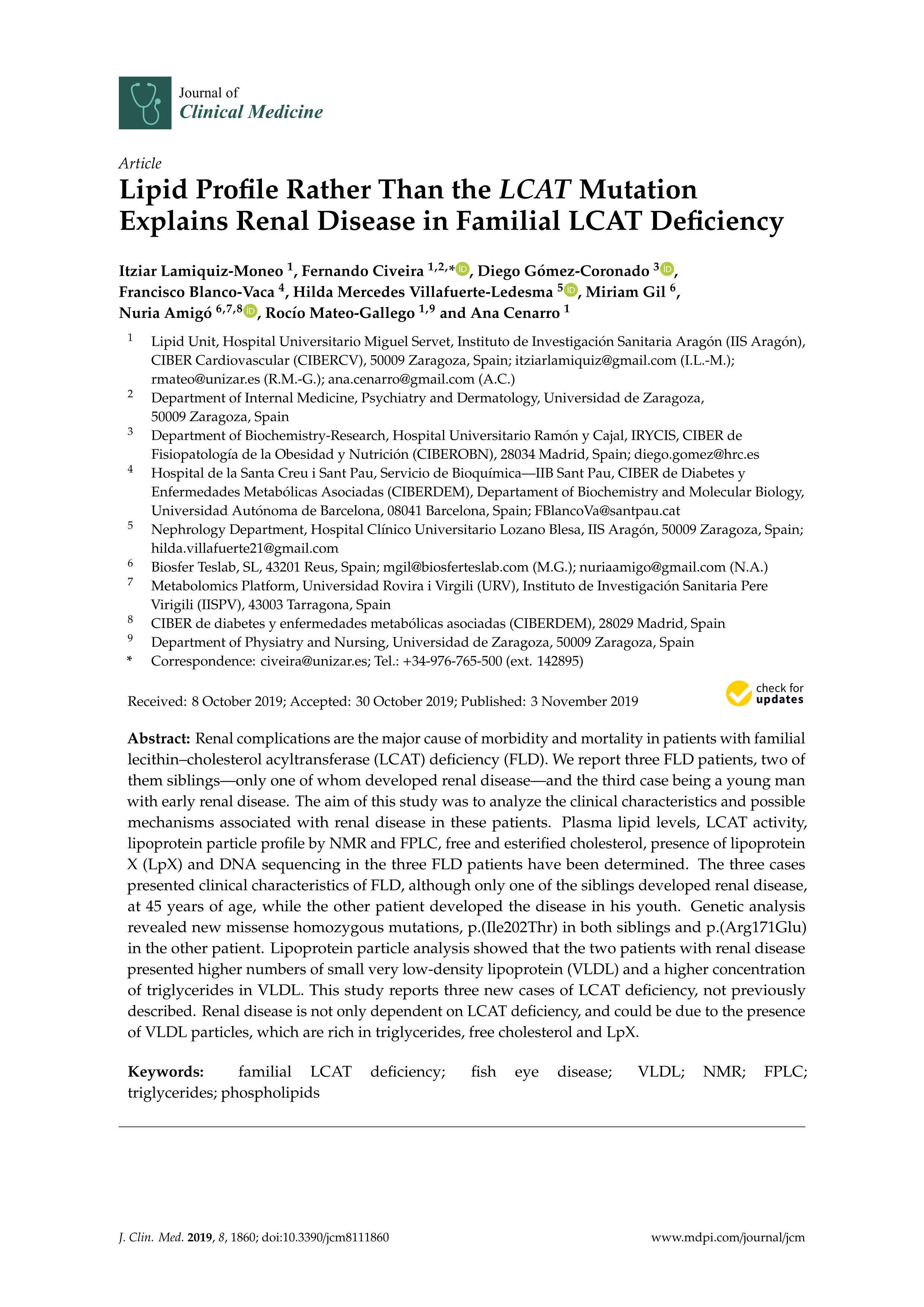 Lipid Profile Rather Than the LCAT Mutation Explains Renal Disease in Familial LCAT Deficiency
