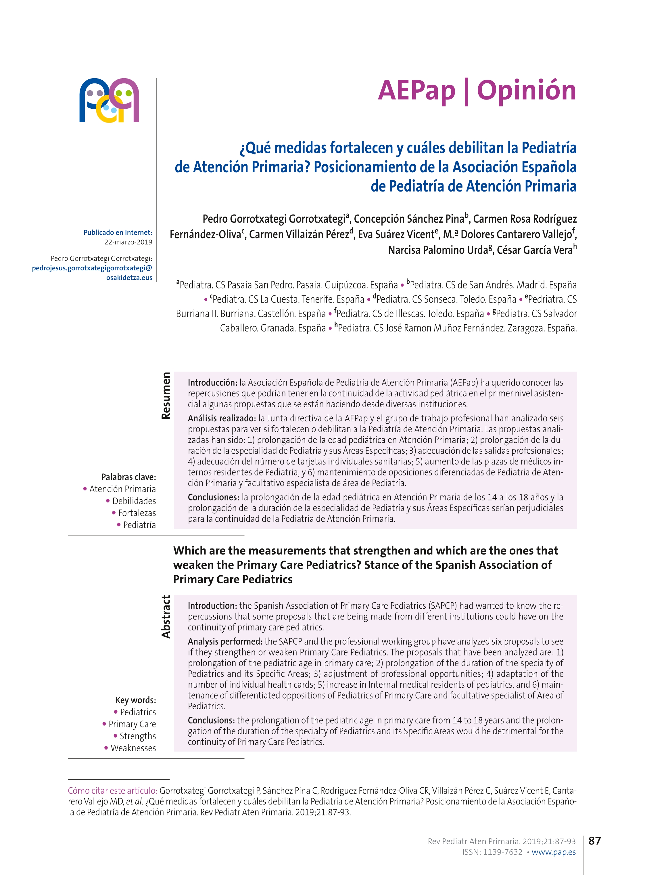 ¿Qué medidas fortalecen y cuáles debilitan la pediatría de atención primaria? Posicionamiento de la asociación española de pediatría de atención primaria