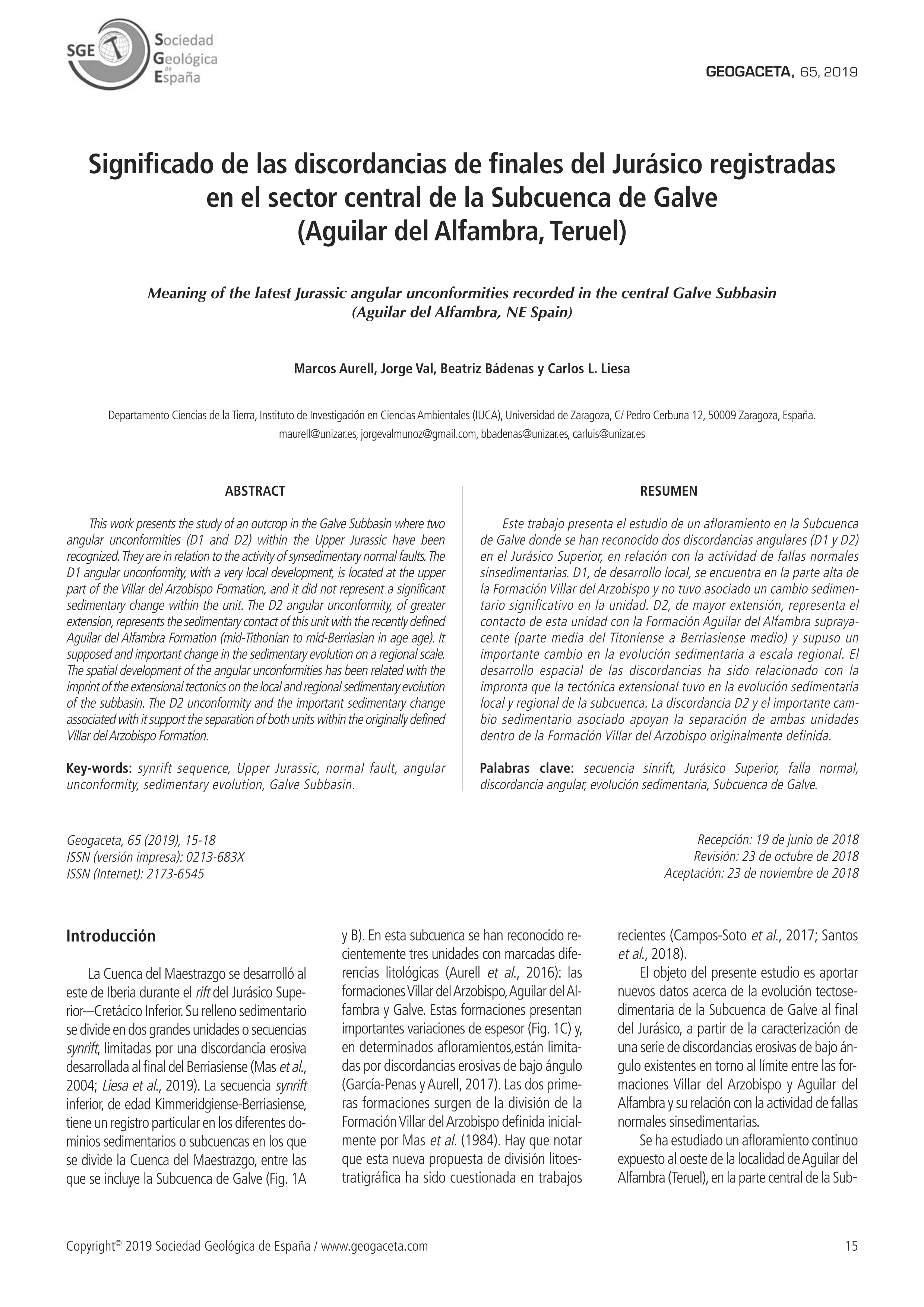 Significado de las discordancias de finales del Jurásico registradas en el sector central de la Subcuenca de Galve (Aguilar del Alfambra, Teruel)