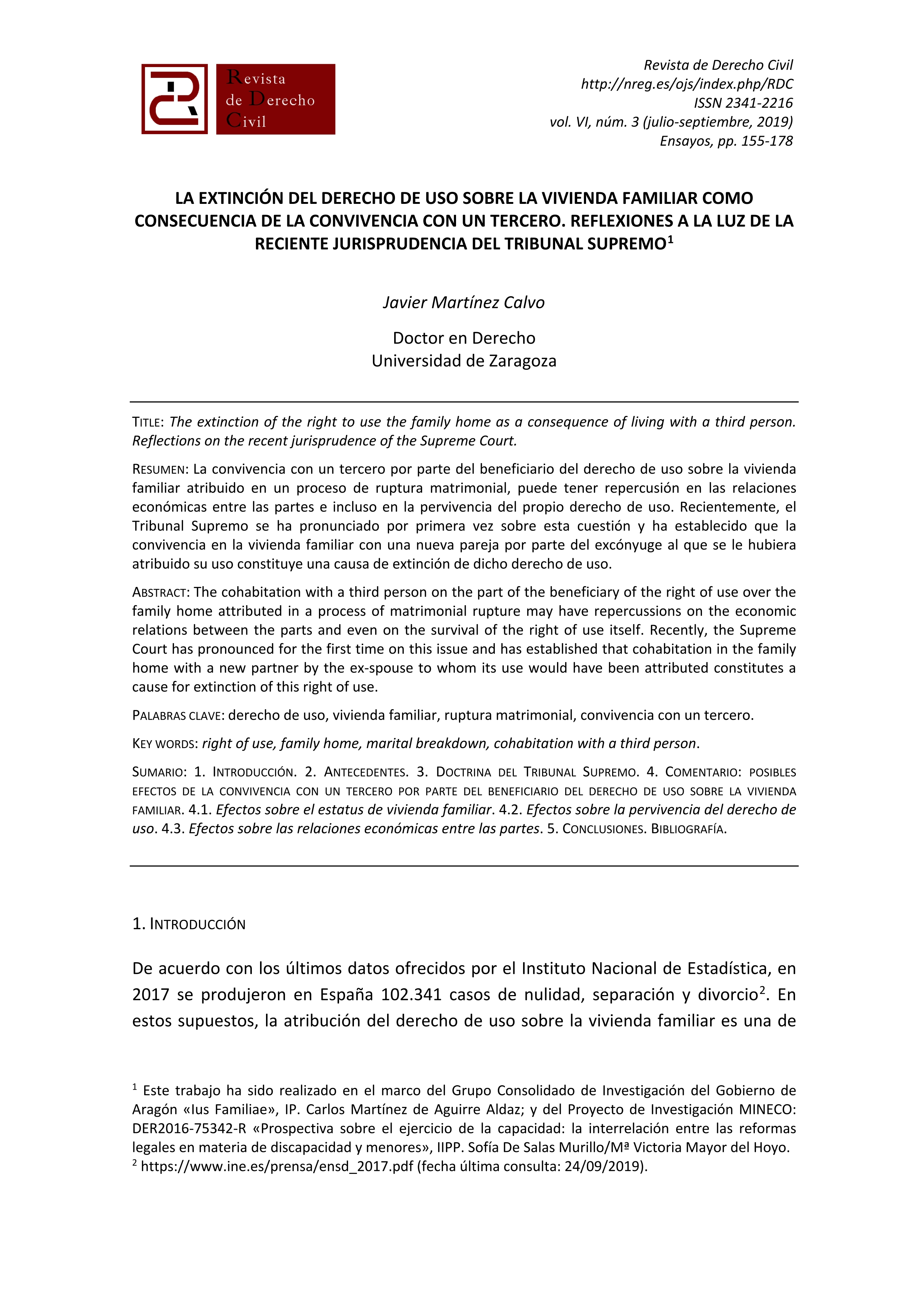 La extinción del derecho de uso sobre la vivienda familiar como consecuencia de la convivencia con un tercero. Reflexiones a la luz de la reciente jurisprudencia del tribunal Supremo