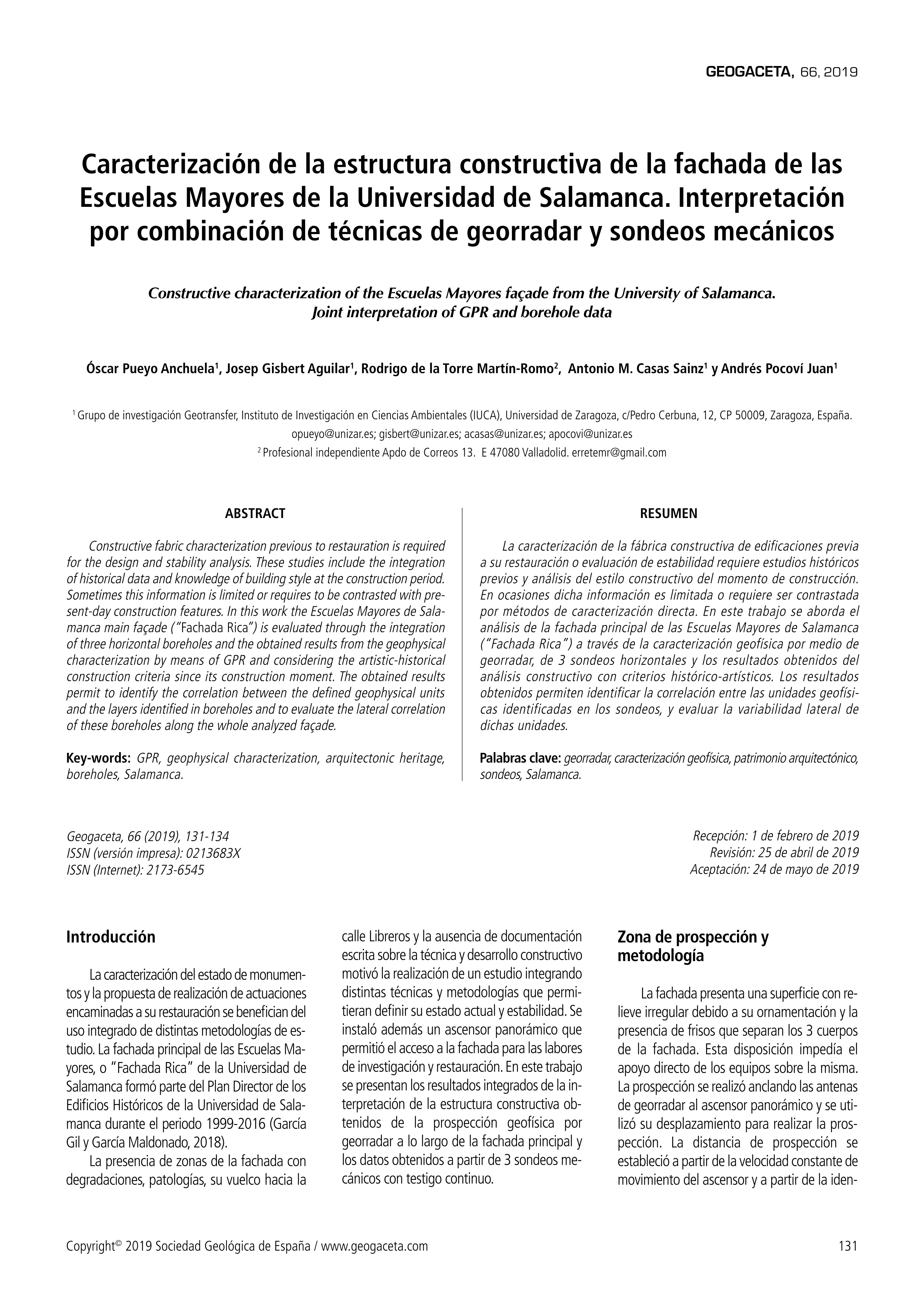 Caracterización de la estructura constructiva de la fachada de las escuelas mayores de la universidad de salamanca. interpretación por combinación de técnicas de georradar y sondeos mecánicos