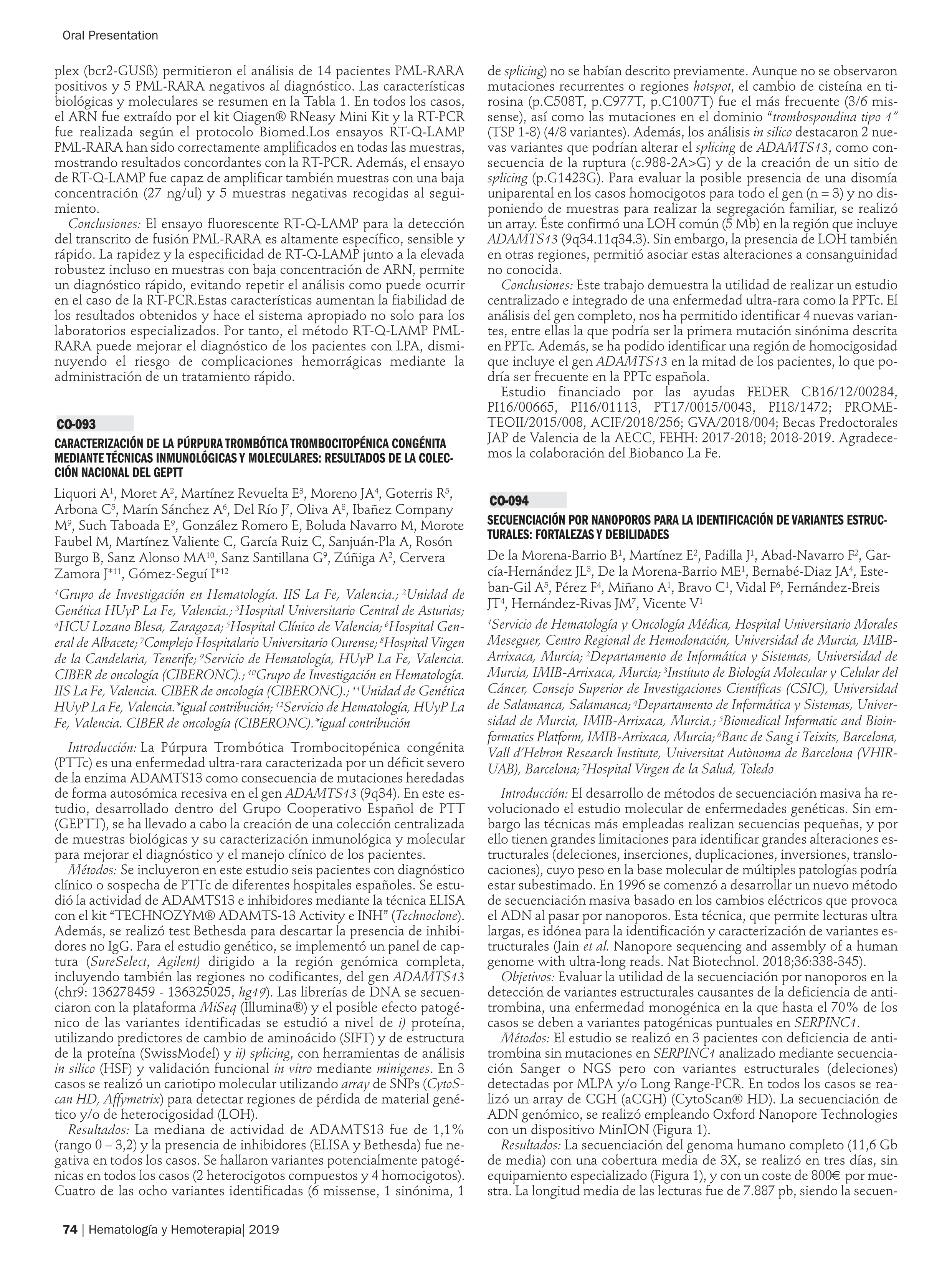 Caracterización de la púrpura trombótica trombocitopénica congénita mediante técnicas inmunológicas y moleculares: resultados de la colección nacional del GEPTT