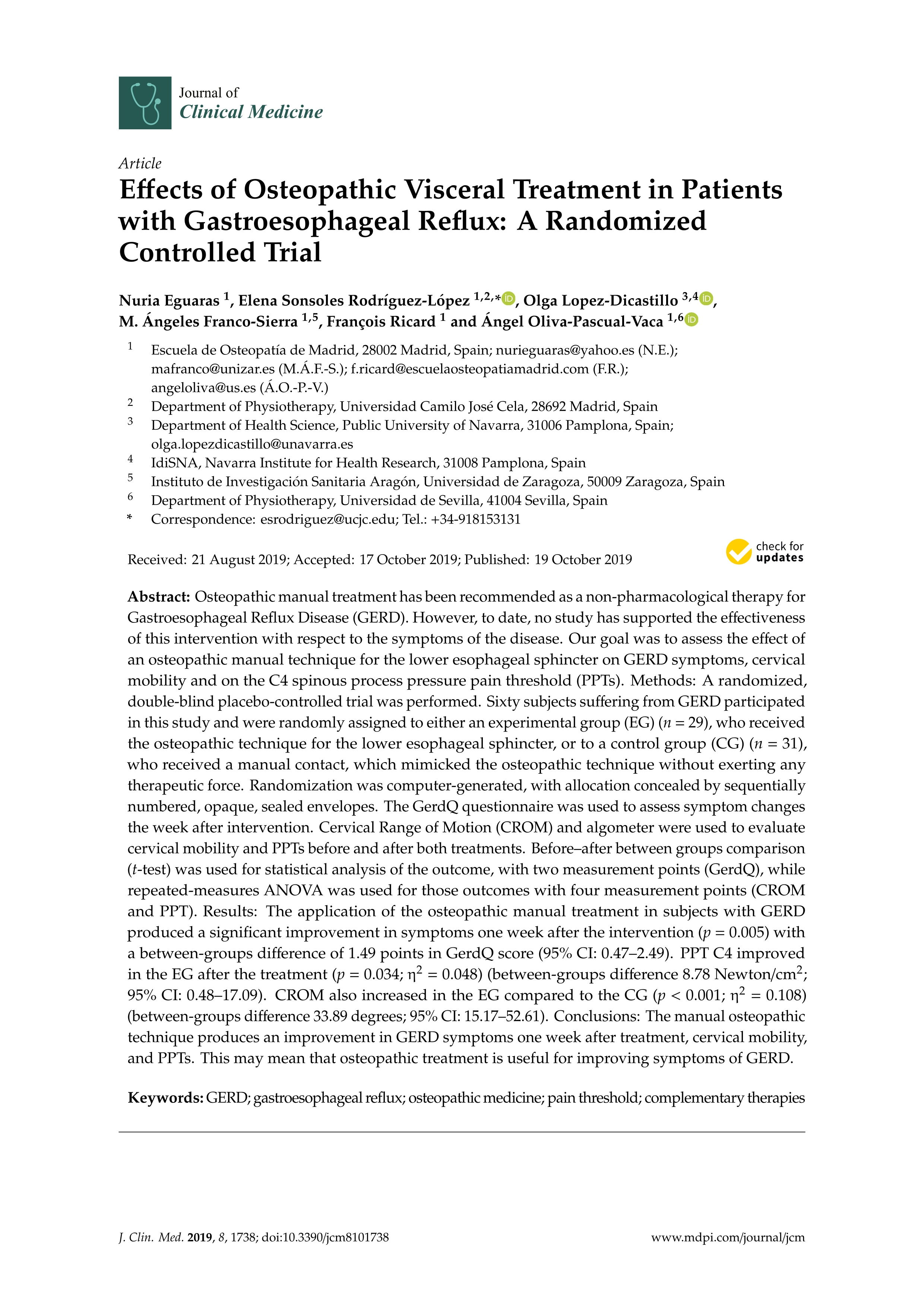 Effects of Osteopathic Visceral Treatment in Patients with Gastroesophageal Reflux: A Randomized Controlled Trial