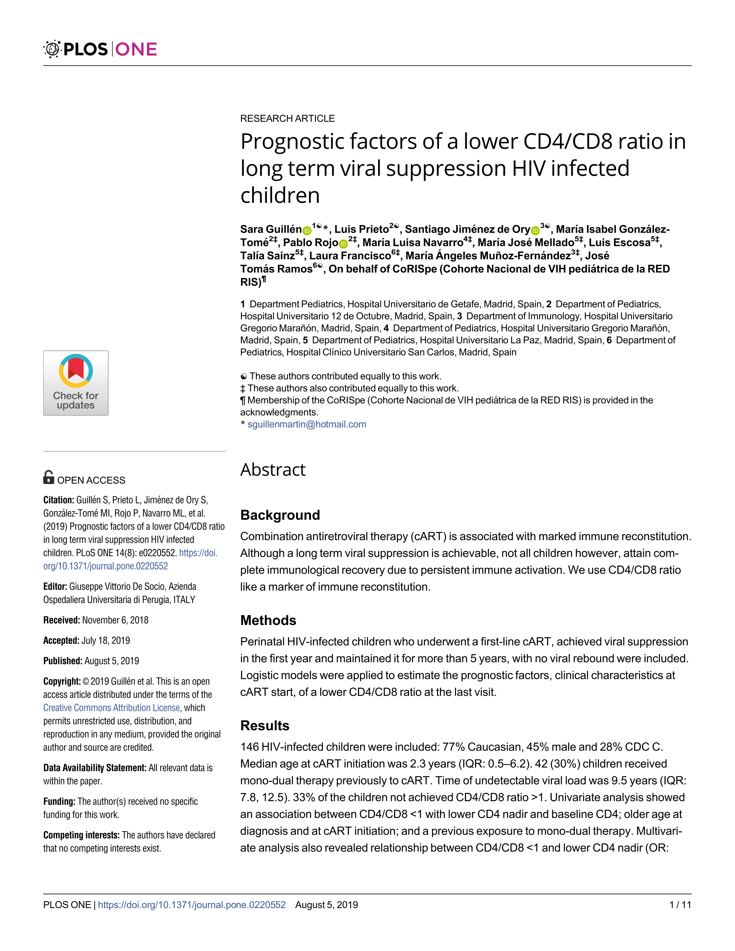 Prognostic factors of a lower CD4/CD8 ratio in long term viral suppression HIV infected children
