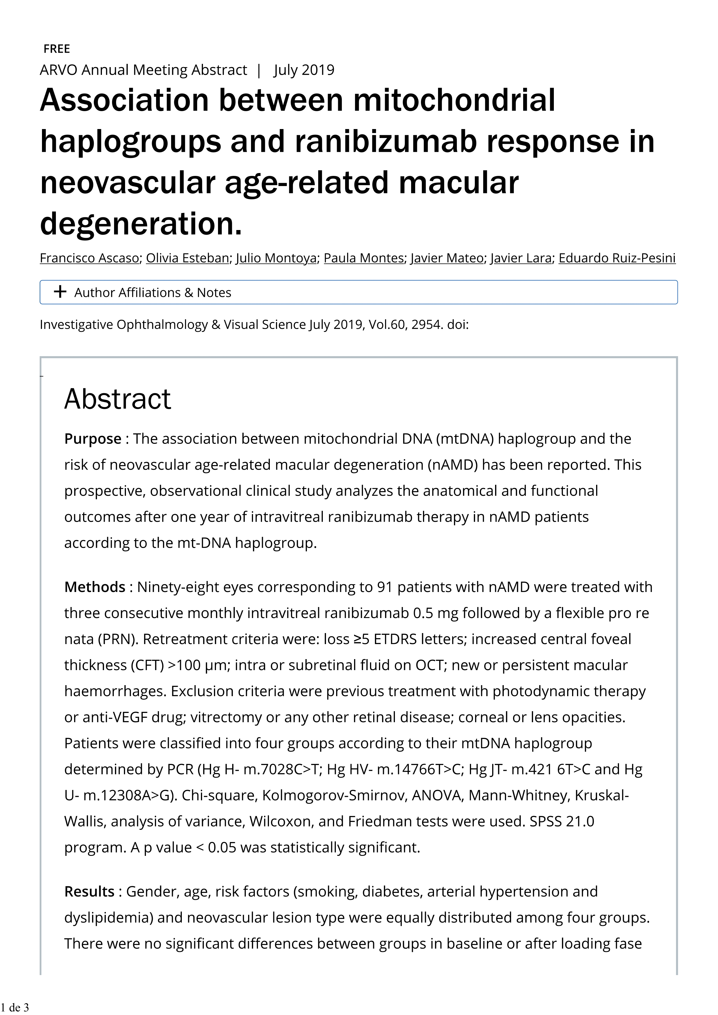 Association between mitochondrial haplogroups and ranibizumab response in neovascular age-related macular degeneration