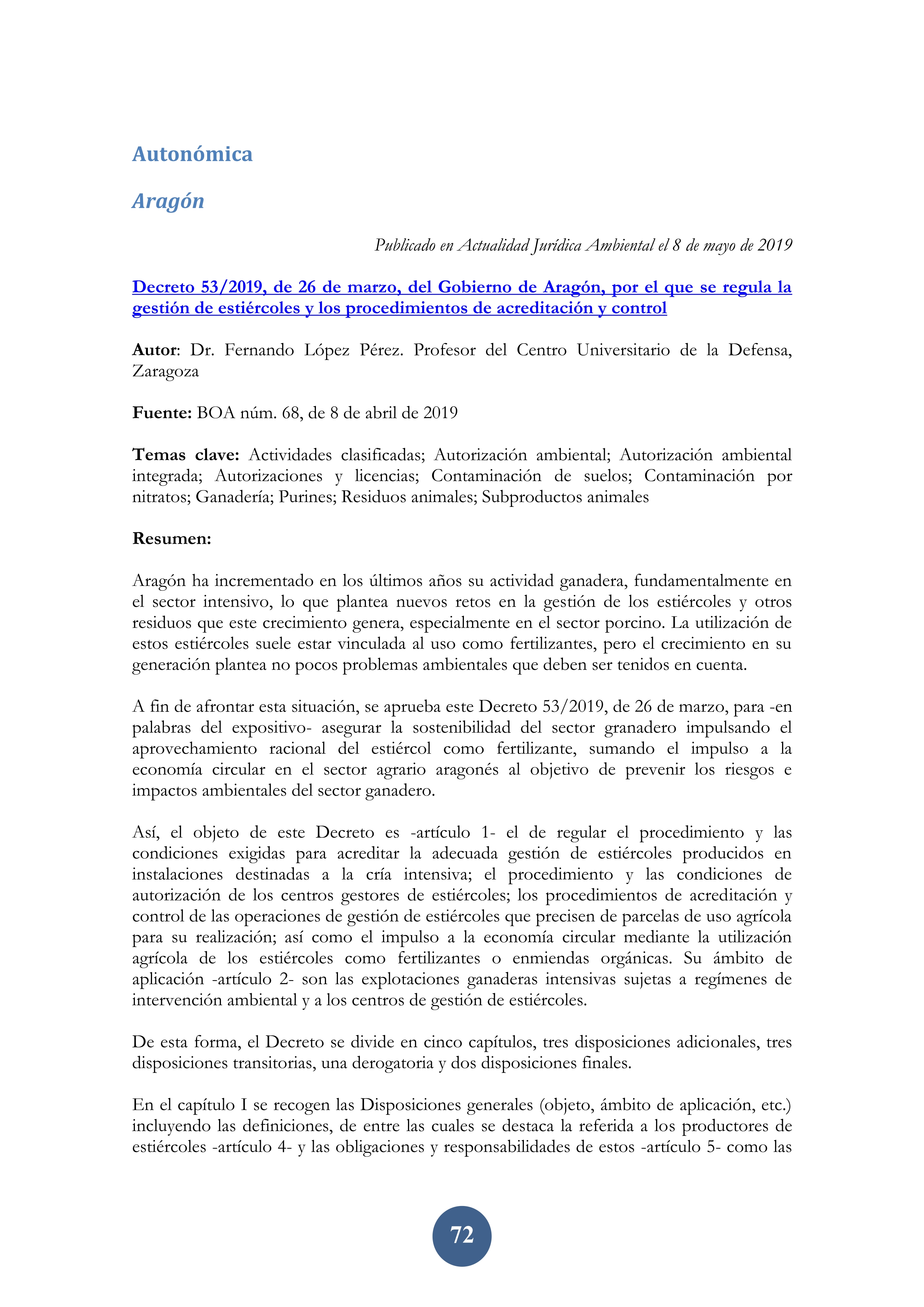 Decreto 53/2019, de 26 de marzo, del Gobierno de Aragón, por el que se regula la gestión de estiércoles y los procedimientos de acreditación y control