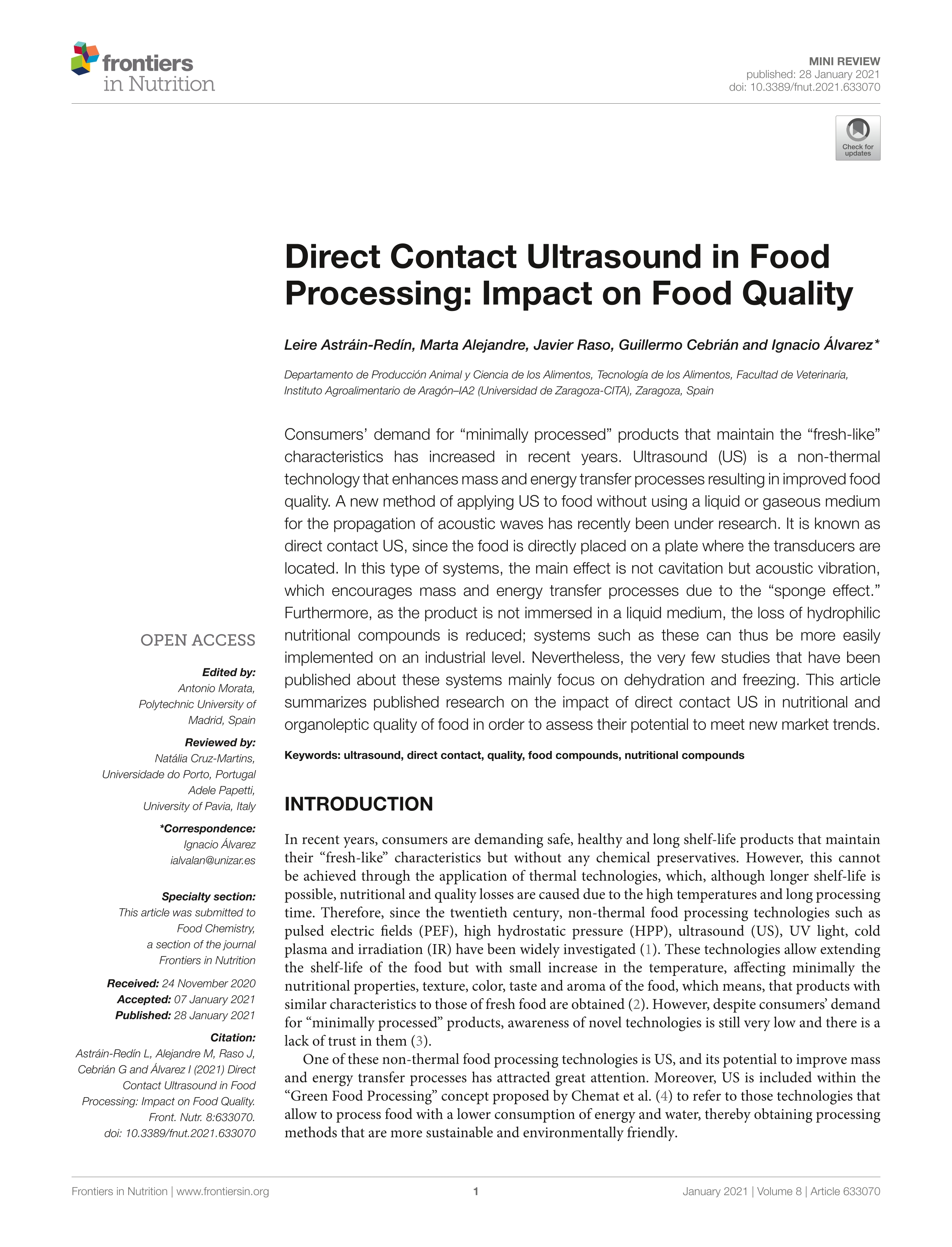 Direct Contact Ultrasound in Food Processing: Impact on Food Quality