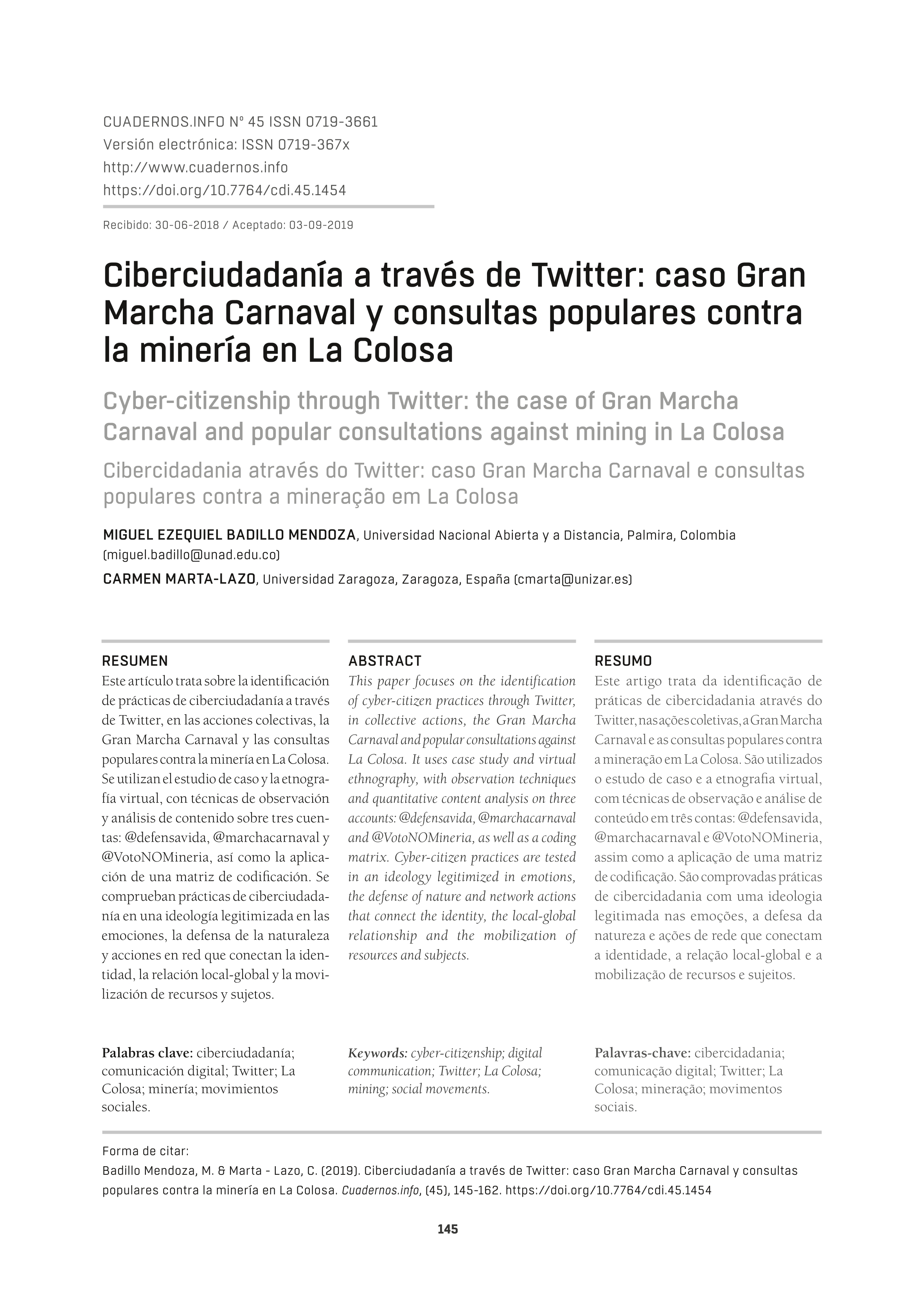 Ciberciudadanía a través de Twitter: caso Gran Marcha Carnaval y consultas populares contra la minería en La Colosa