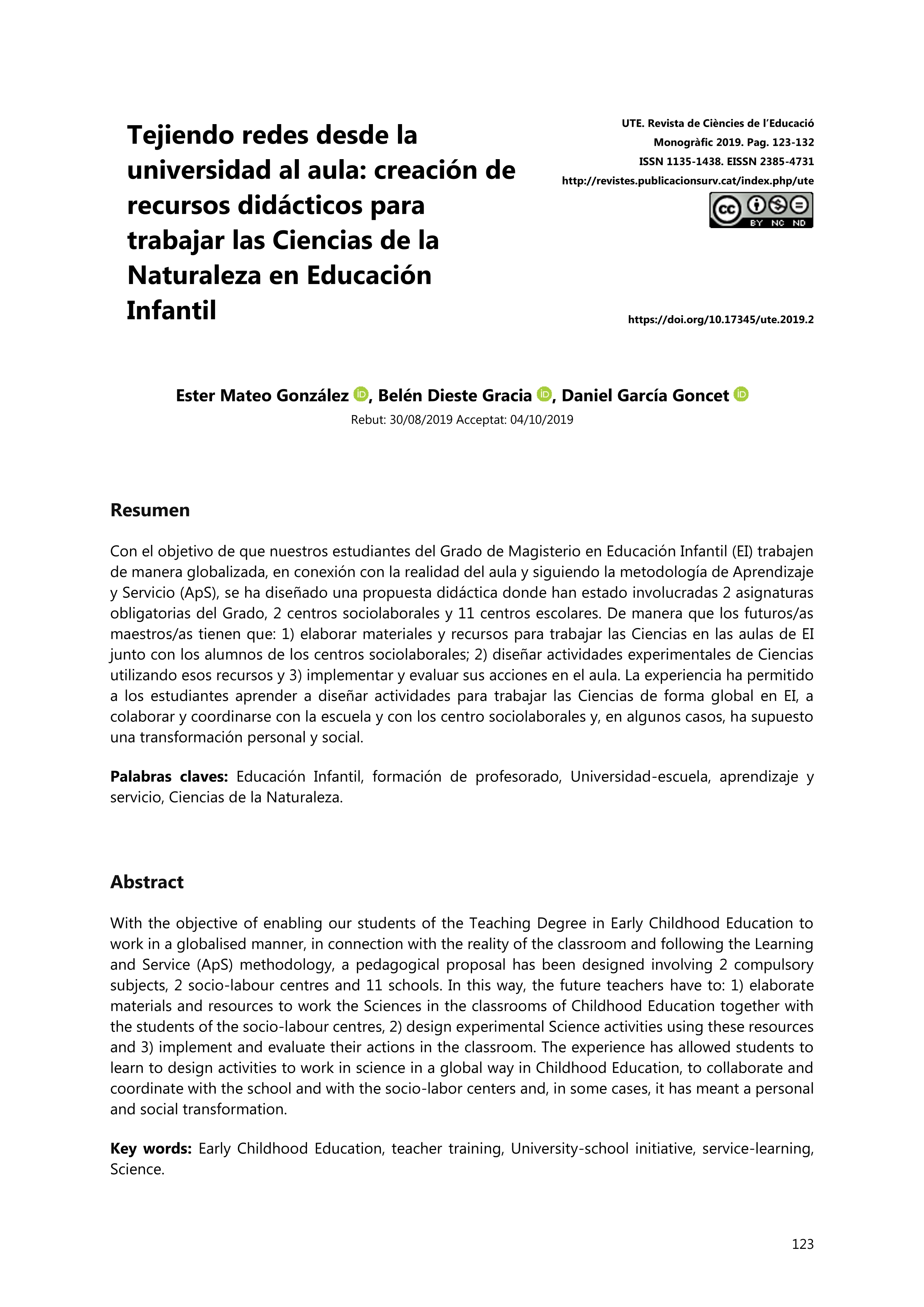 Tejiendo redes desde la universidad al aula: creación de recursos didácticos para trabajar las Ciencias de la Naturaleza en Educación Infantil