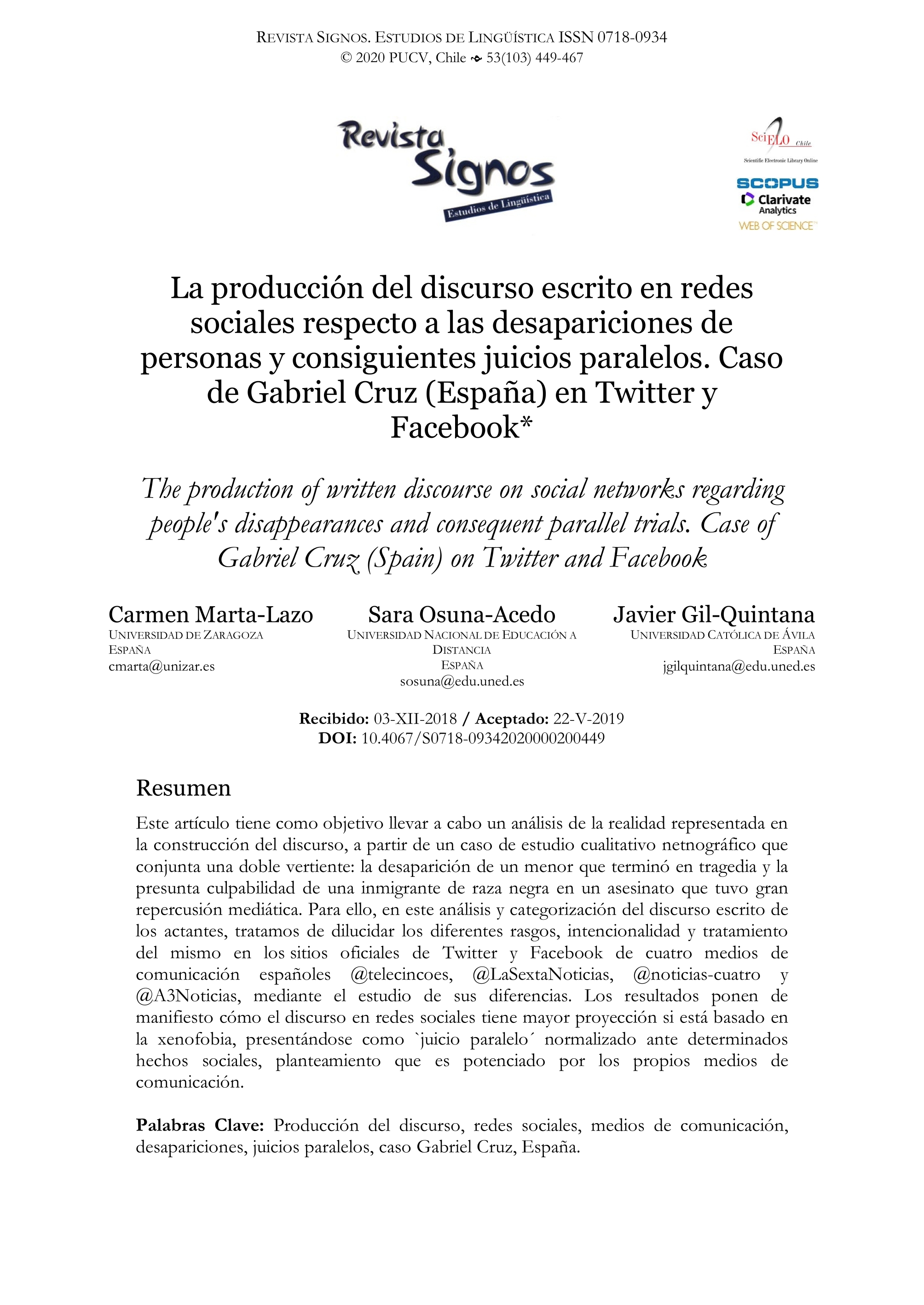 La producción del discurso escrito en redes sociales respecto a las desapariciones de personas y consiguientes juicios paralelos. Caso de Gabriel Cruz (España) en Twitter y Facebook