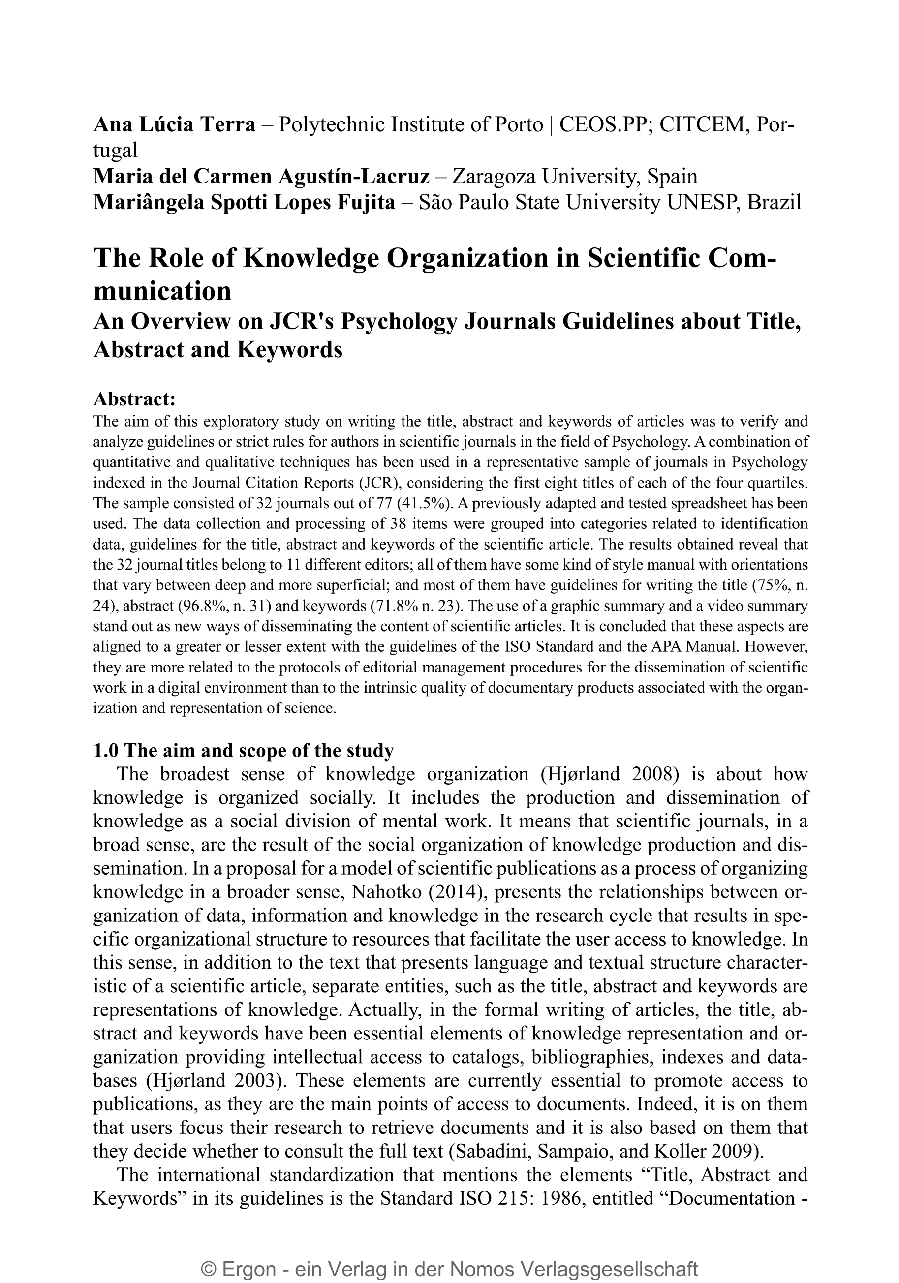 The role of knowledge organization in scientific communication: An overview on JCR's psychology journals guidelines about title, abstract and keywords