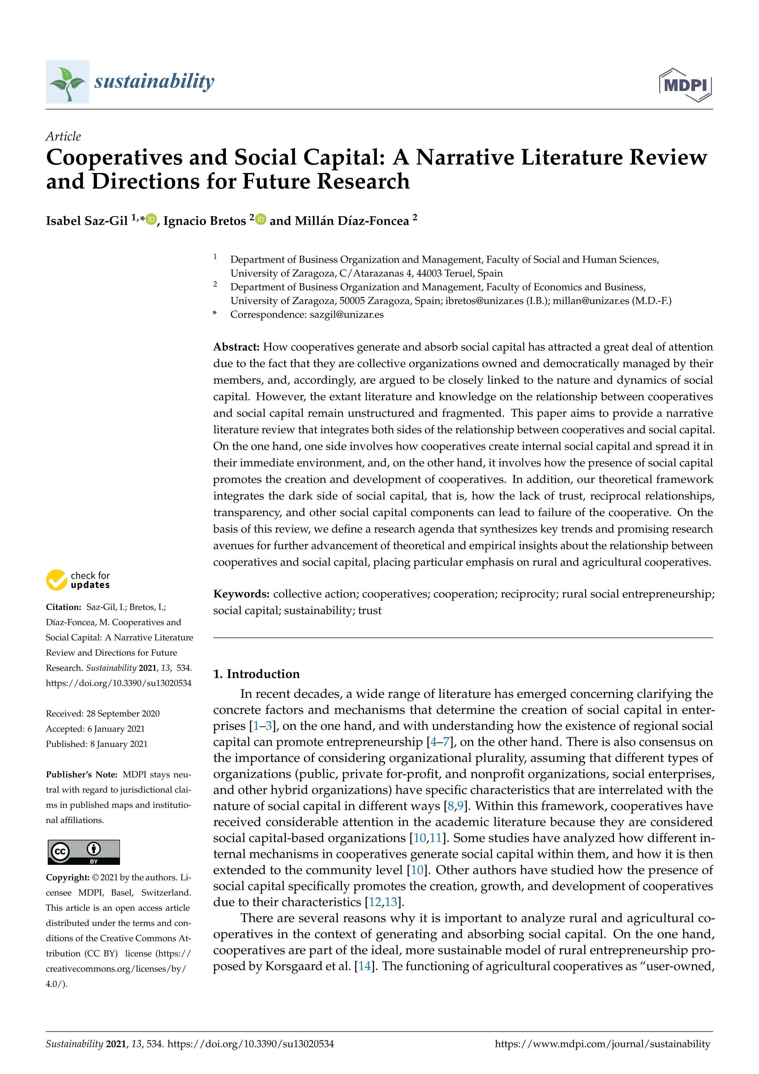 Cooperatives and Social Capital: A Narrative Literature Review and Directions for Future Research