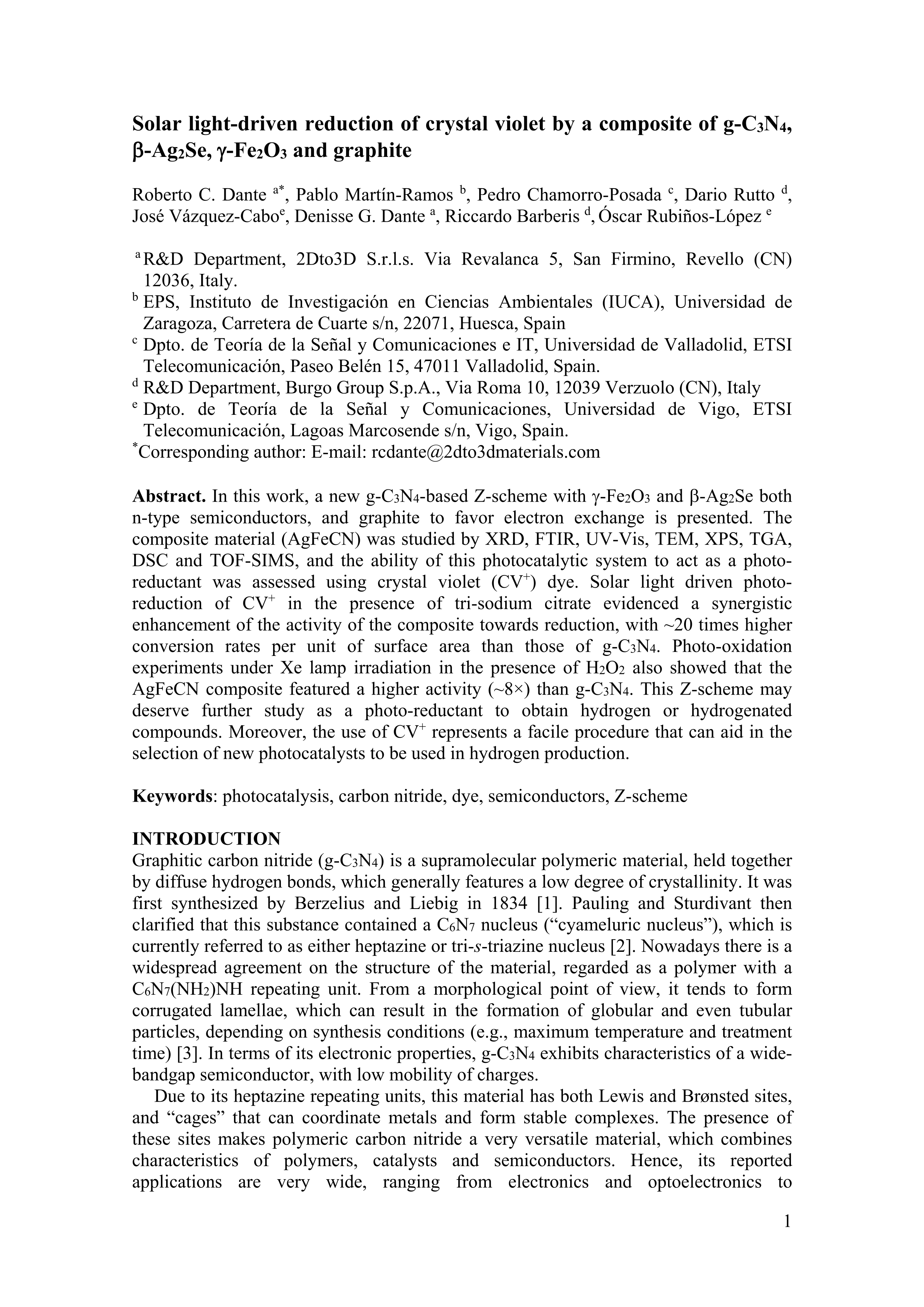 Solar light-driven reduction of crystal violet by a composite of g-C3N4, beta-Ag2Se, gama-Fe2O3 and graphite