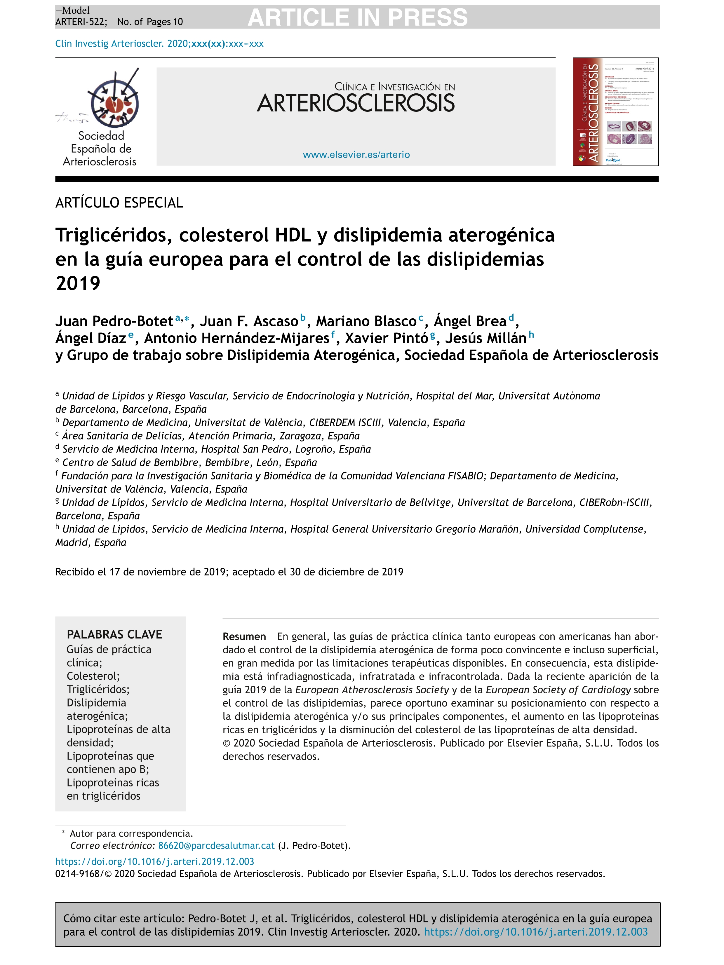 Triglicéridos, colesterol HDL y dislipidemia aterogénica en la guía europea para el control de las dislipidemias 2019