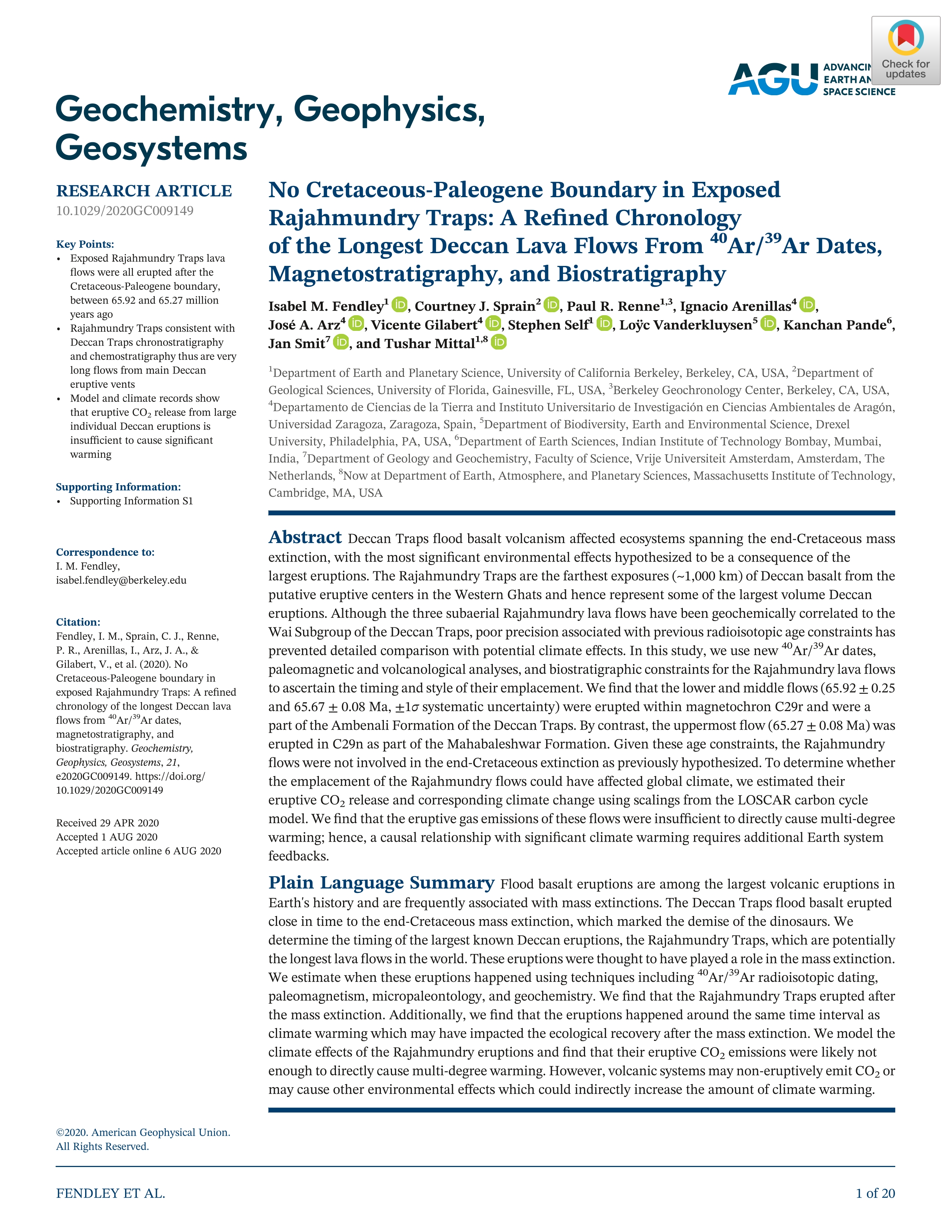 No Cretaceous-Paleogene Boundary in Exposed Rajahmundry Traps: A Refined Chronology of the Longest Deccan Lava Flows From 40Ar/39Ar Dates, Magnetostratigraphy, and Biostratigraphy