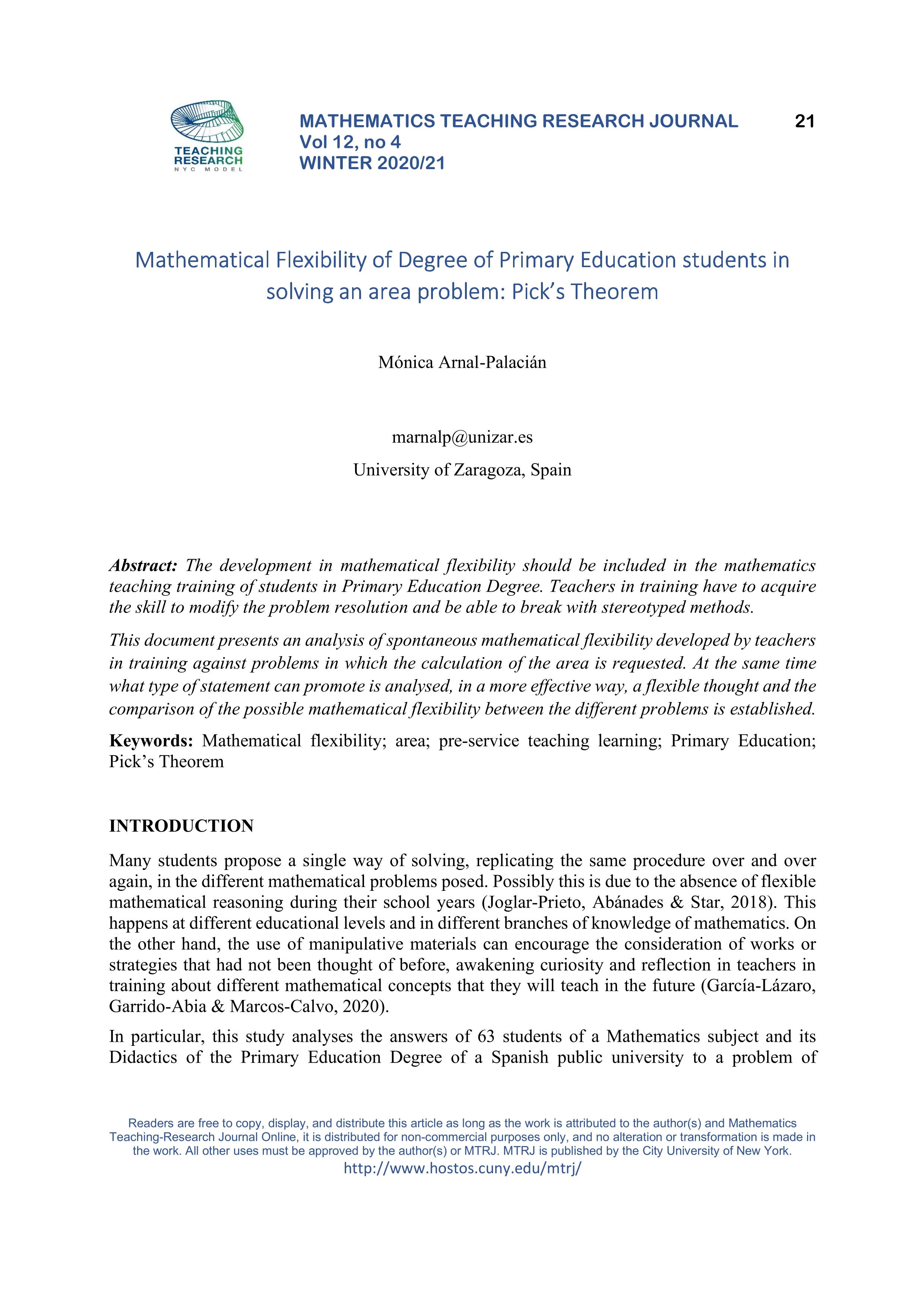 Mathematical Flexibility of Degree of Primary Education students in solving an area problem: Pick’s Theorem