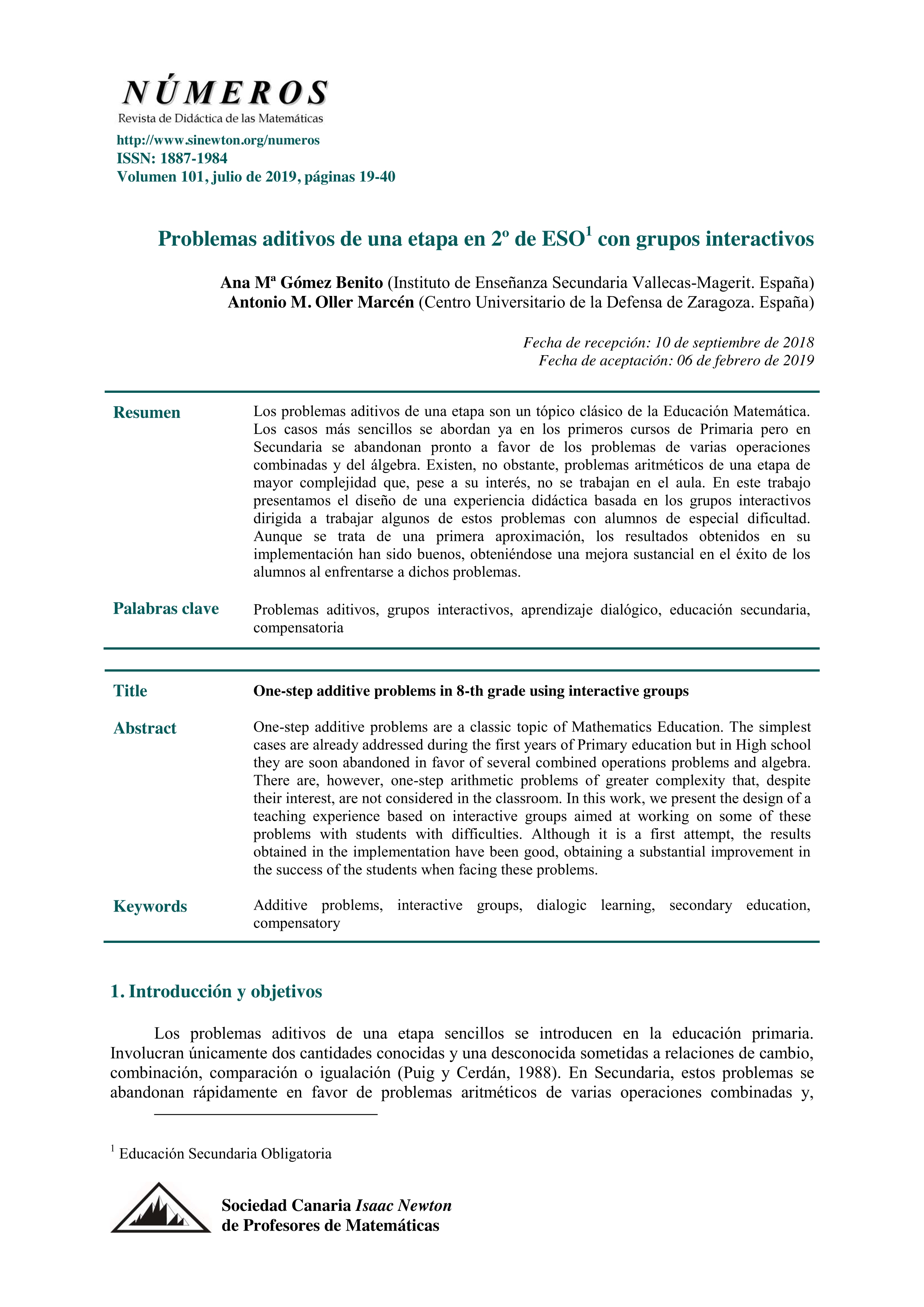 Problemas aditivos de una etapa en 2º de ESO con grupos interactivos