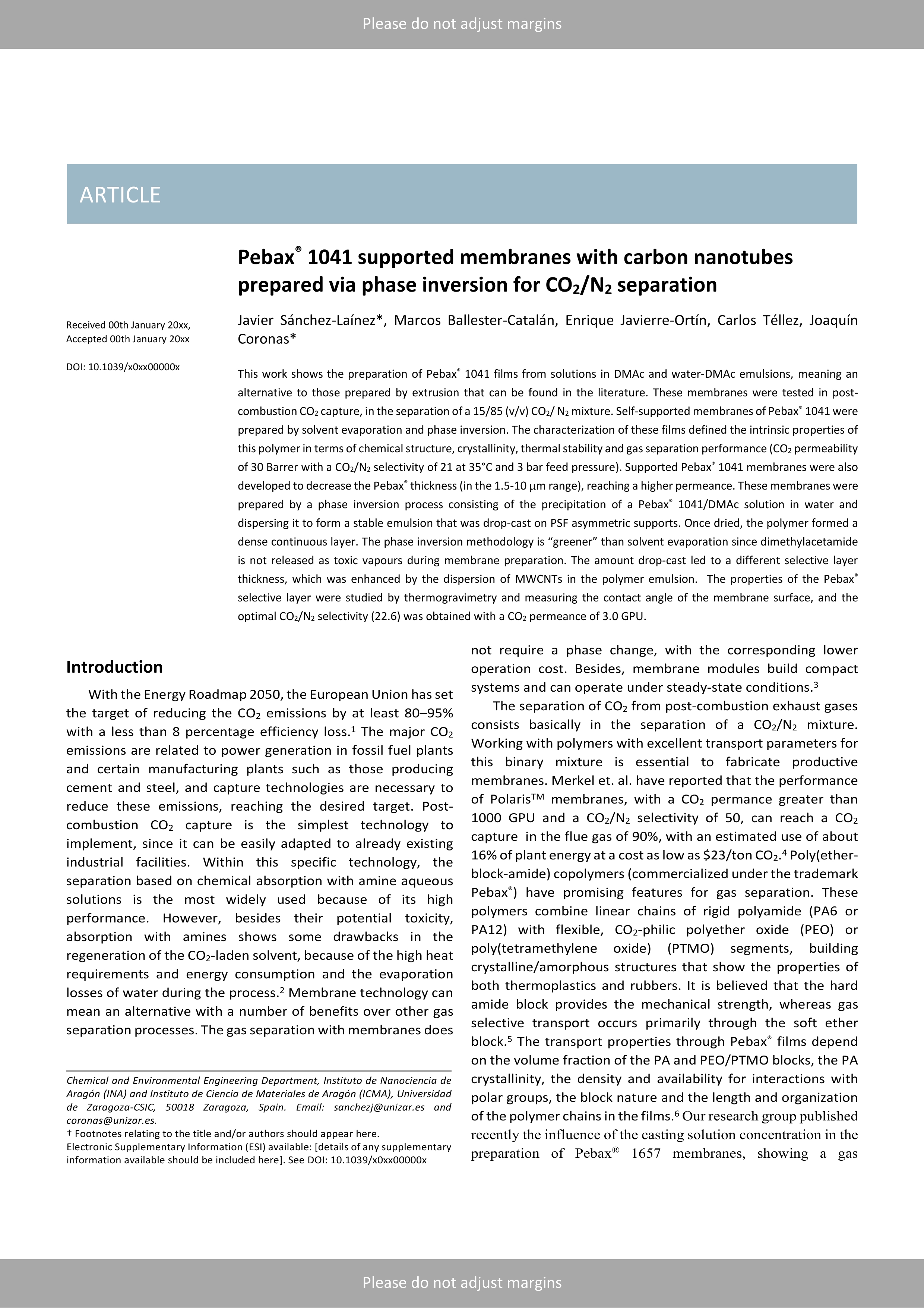 Pebax® 1041 supported membranes with carbon nanotubes prepared: Via phase inversion for CO2/N2 separation