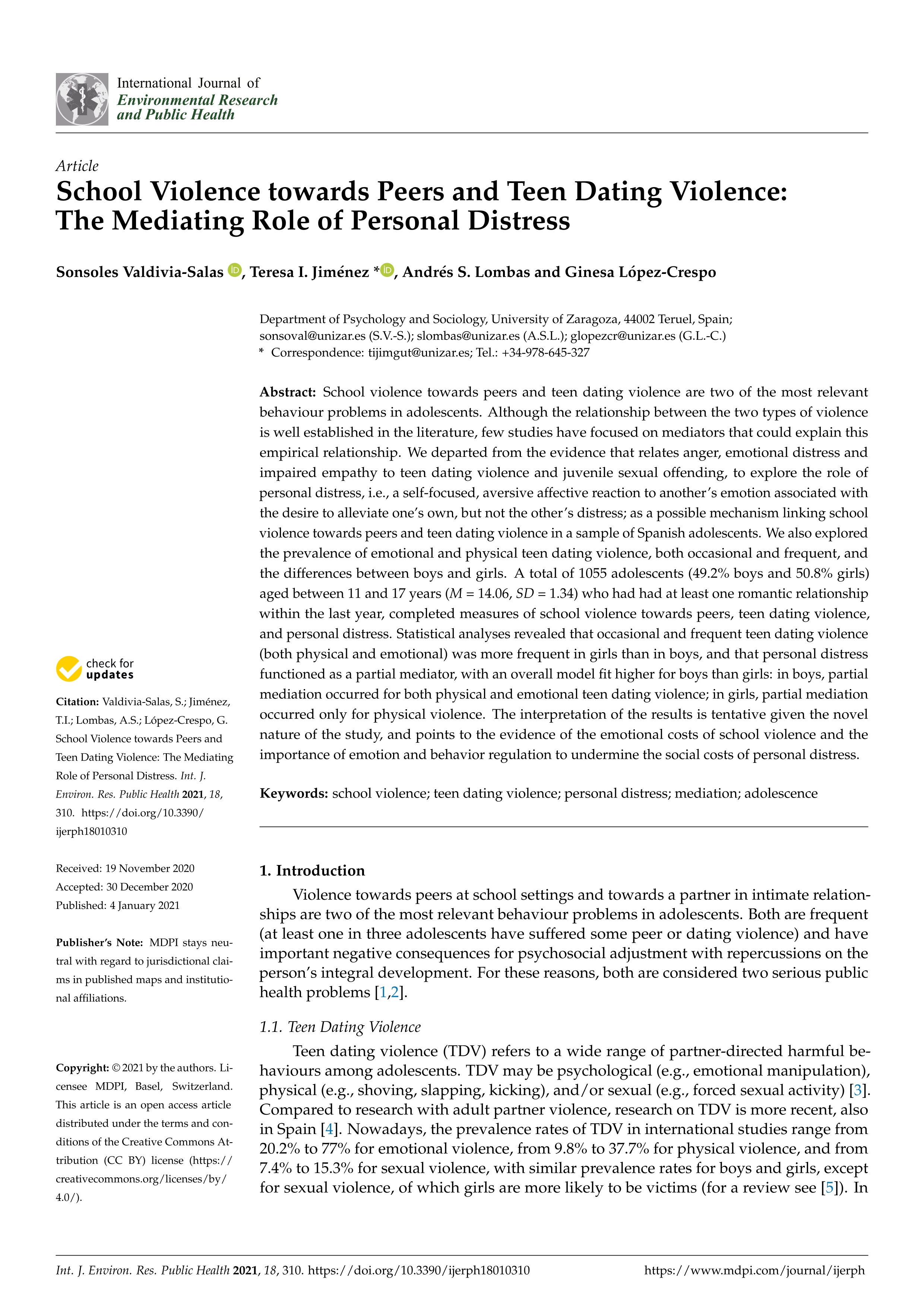 School violence towards peers and teen dating violence: the mediating role of personal distress