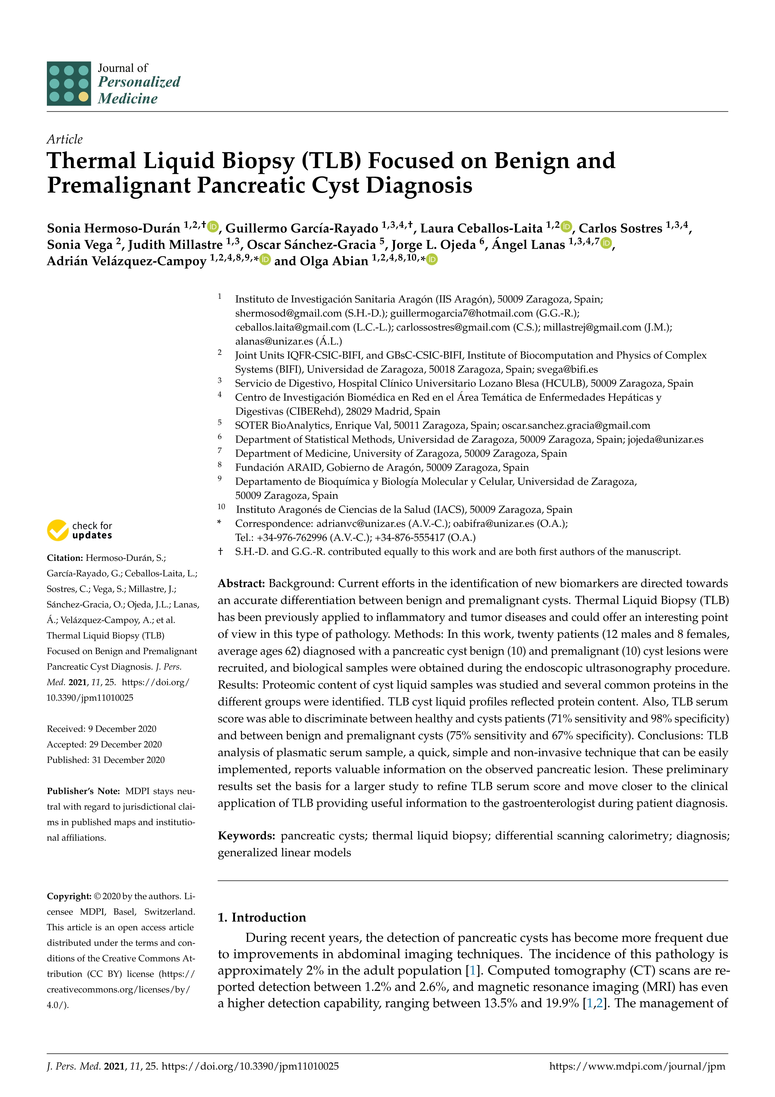 Thermal liquid biopsy (TLB) focused on benign and premalignant pancreatic cyst diagnosis