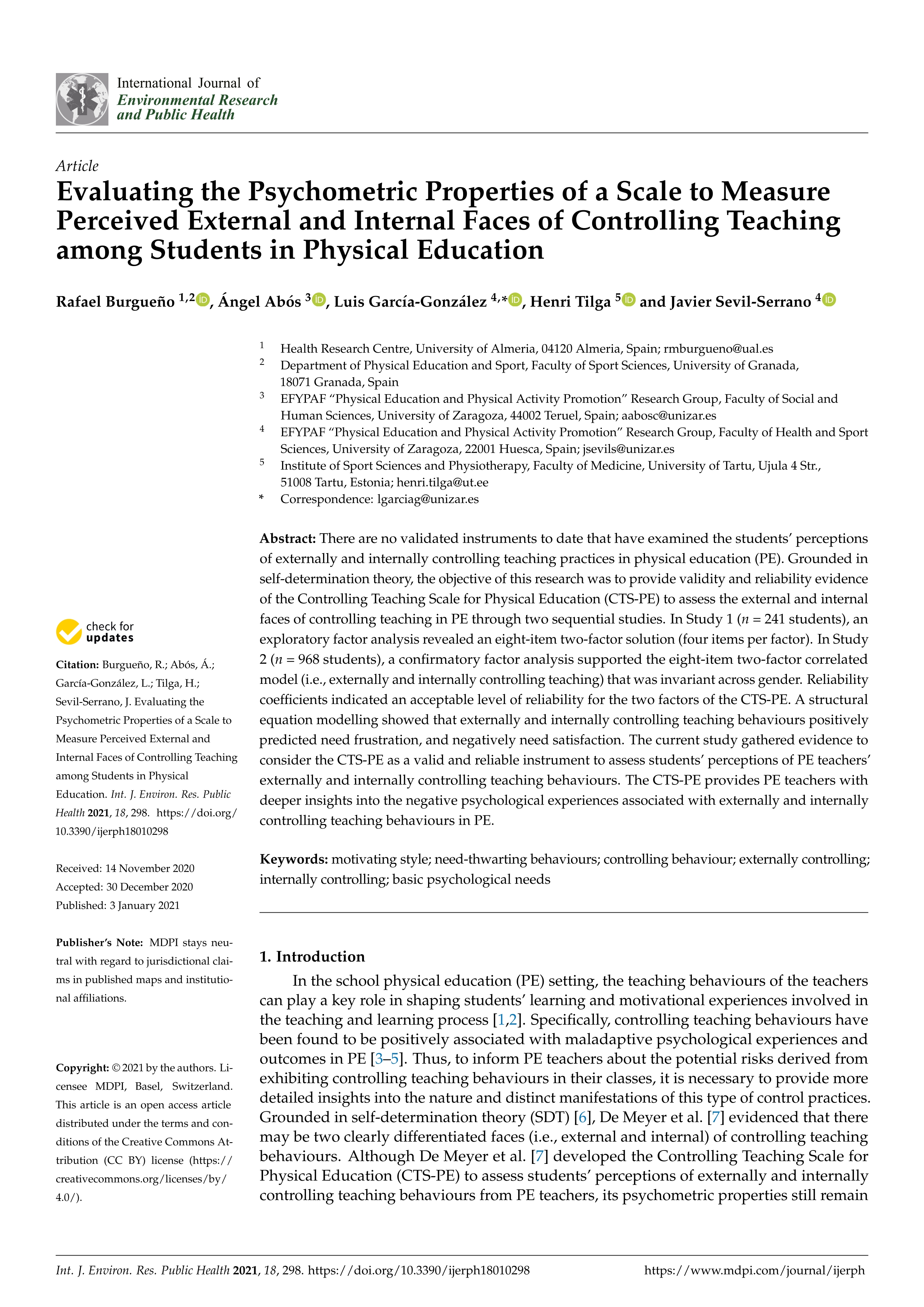 Evaluating the psychometric properties of a scale to measure perceived external and internal faces of controlling teaching among students in physical education