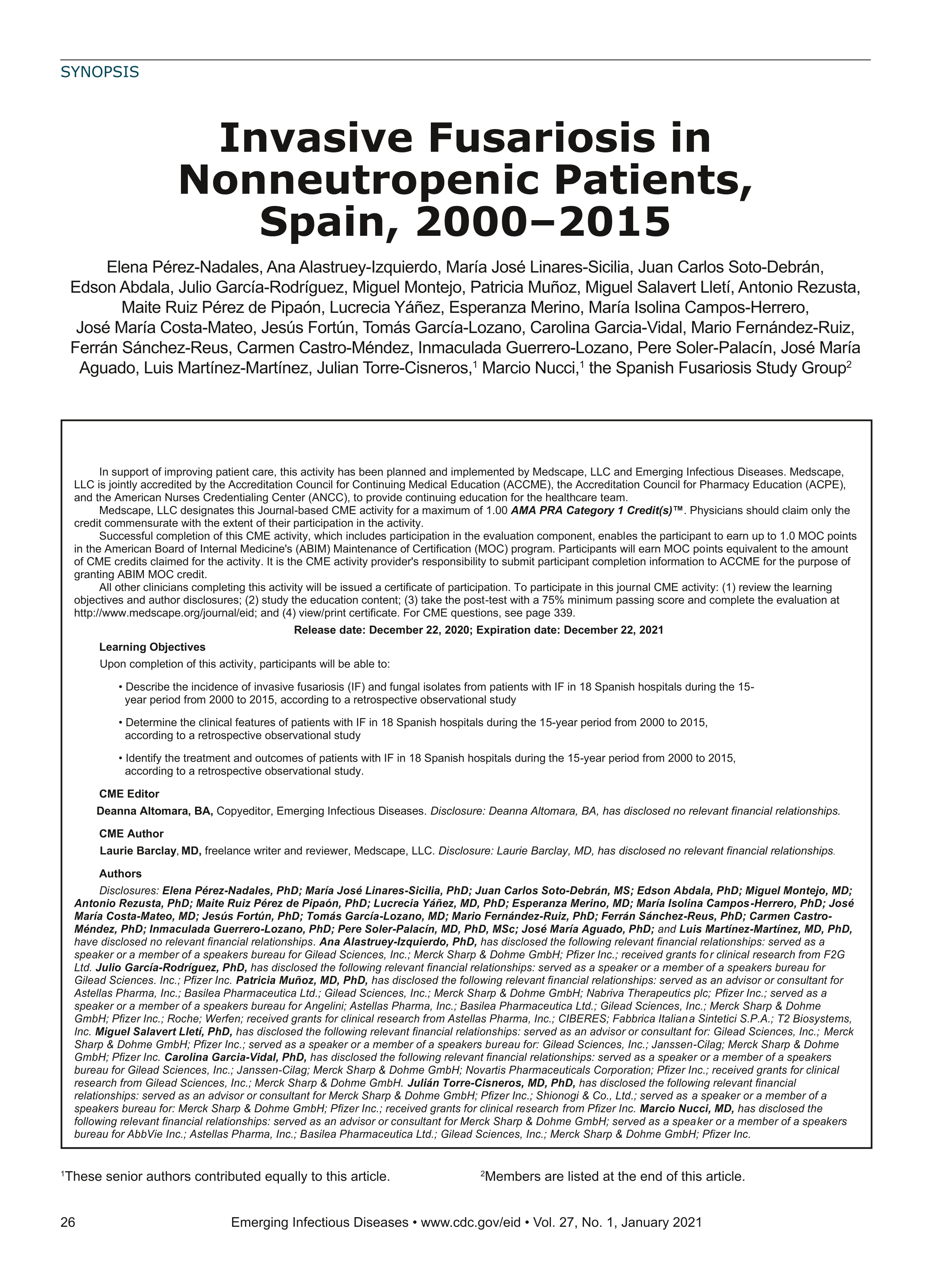 Invasive fusariosis in nonneutropenic patients, Spain, 2000-2015