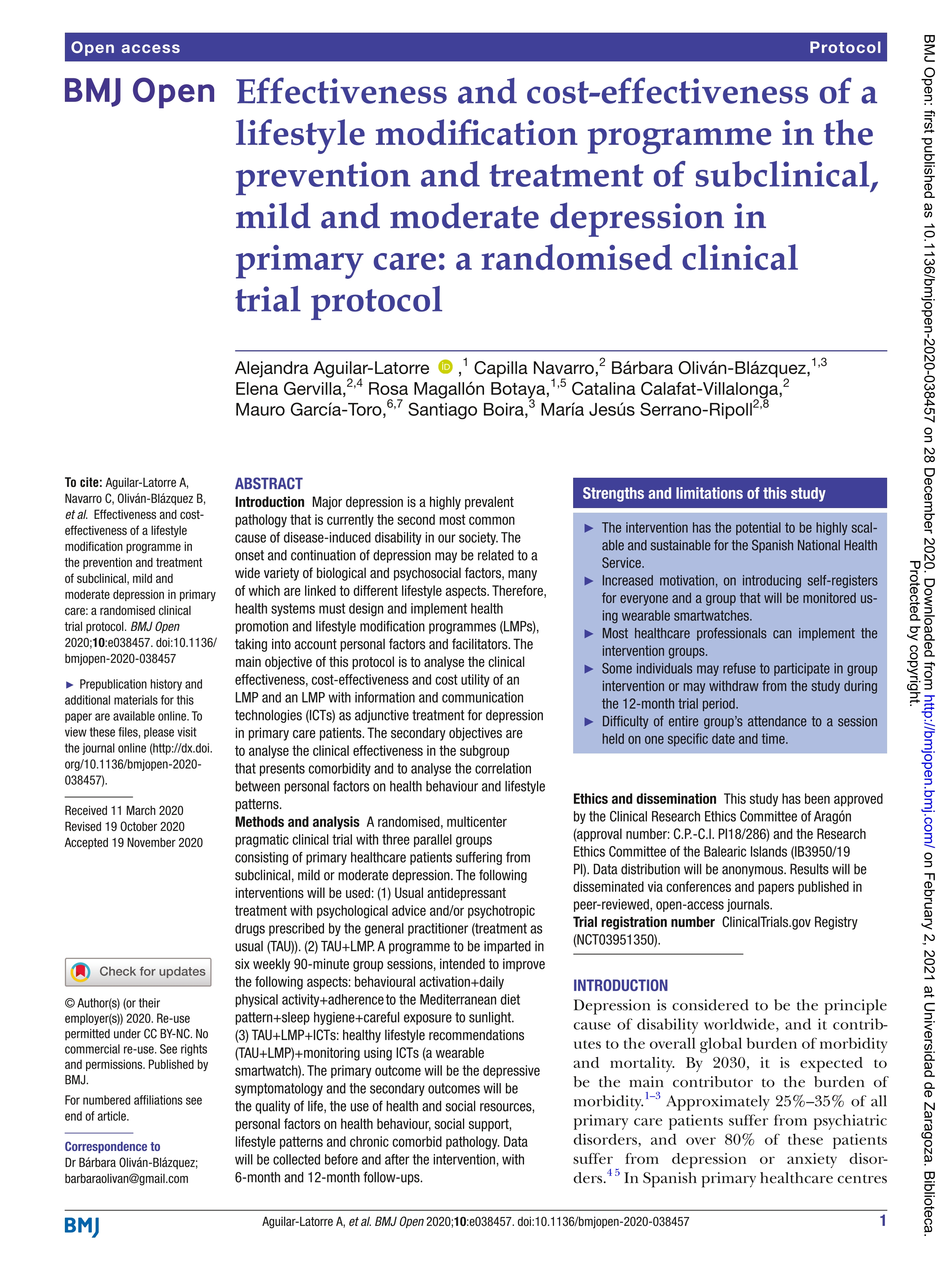 Effectiveness and cost-effectiveness of a lifestyle modification programme in the prevention and treatment of subclinical, mild and moderate depression in primary care: A randomised clinical trial protocol