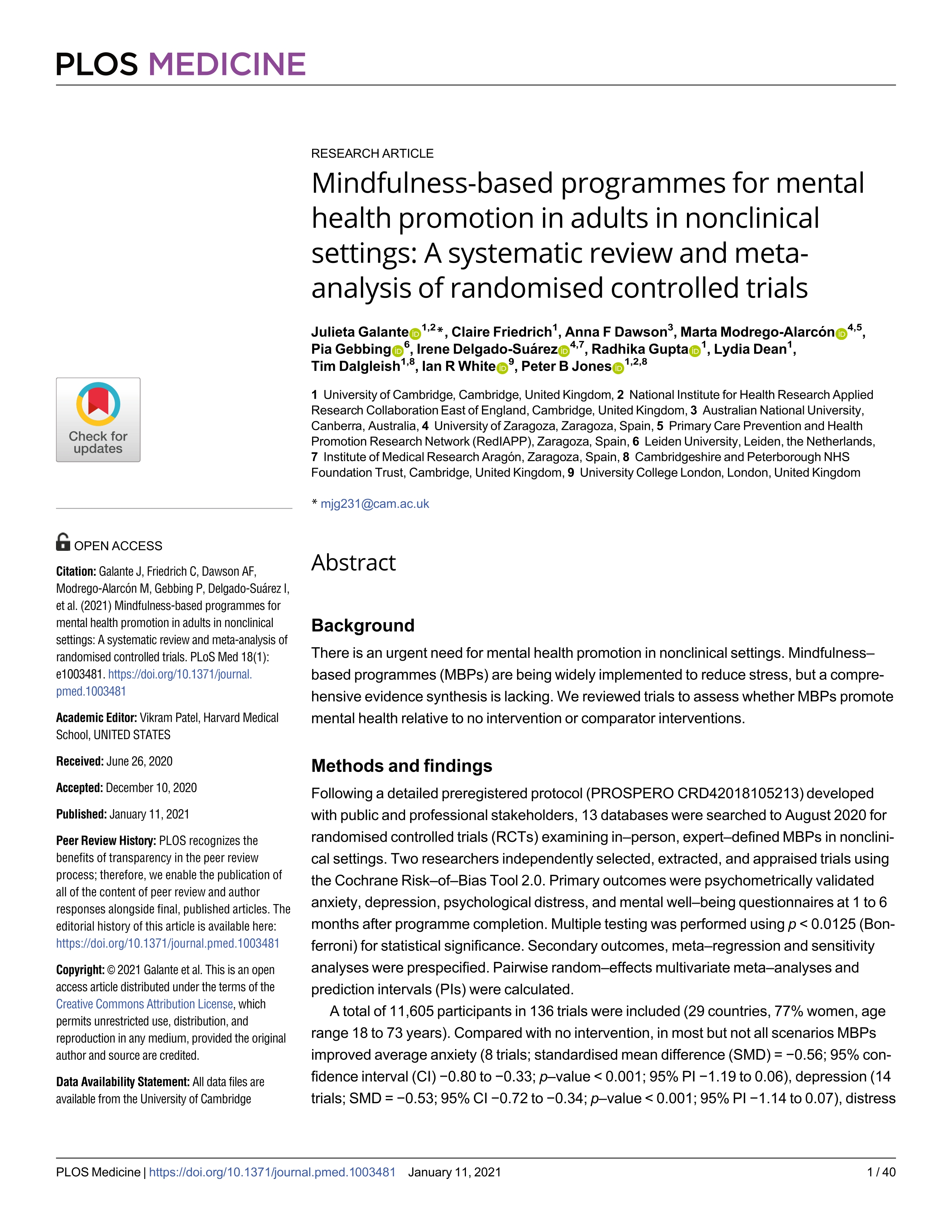 Mindfulness-based programmes for mental health promotion in adults in nonclinical settings: A systematic review and meta-analysis of randomised controlled trials