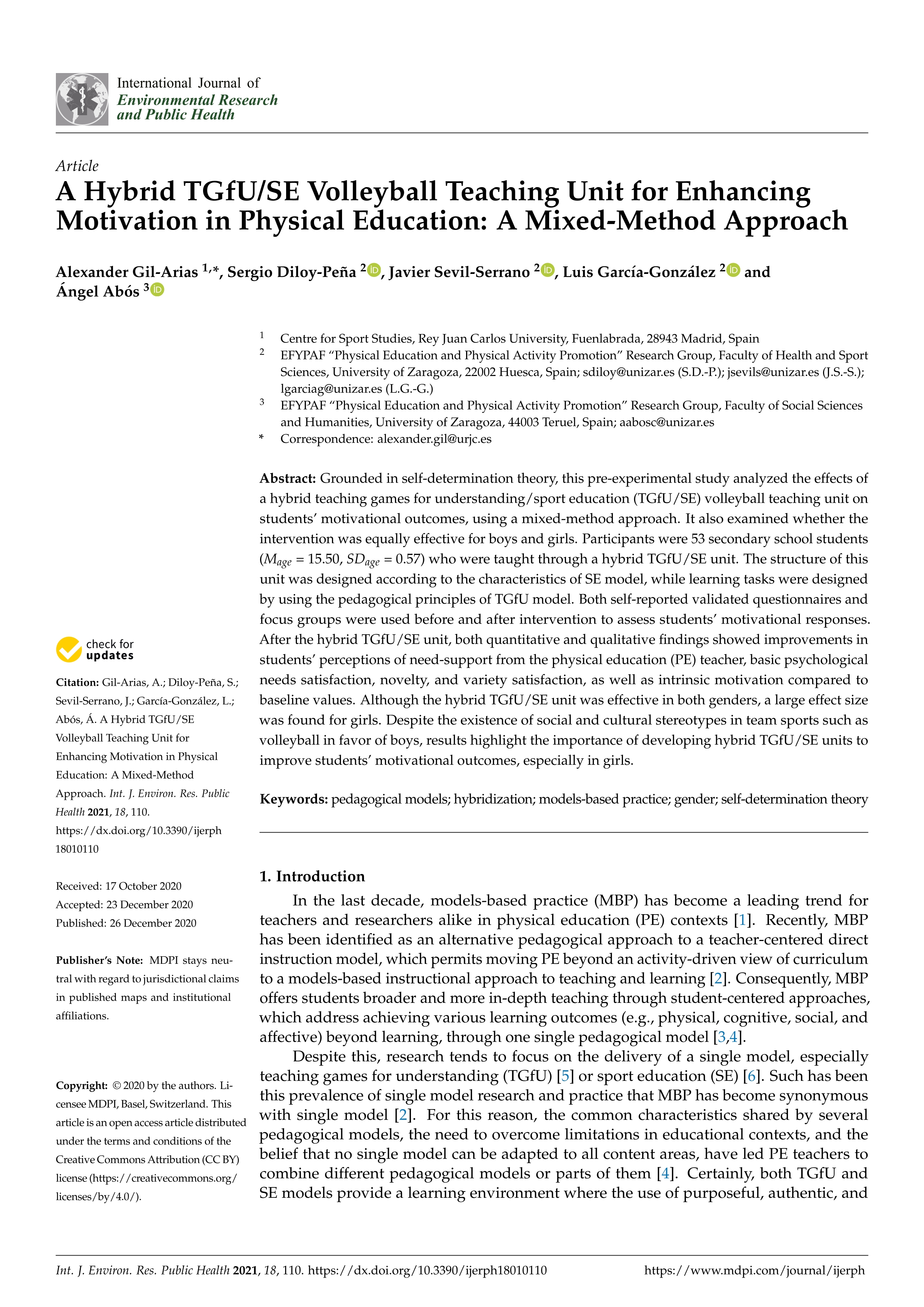 A hybrid tgfu/se volleyball teaching unit for enhancing motivation in physical education: A mixed-method approach