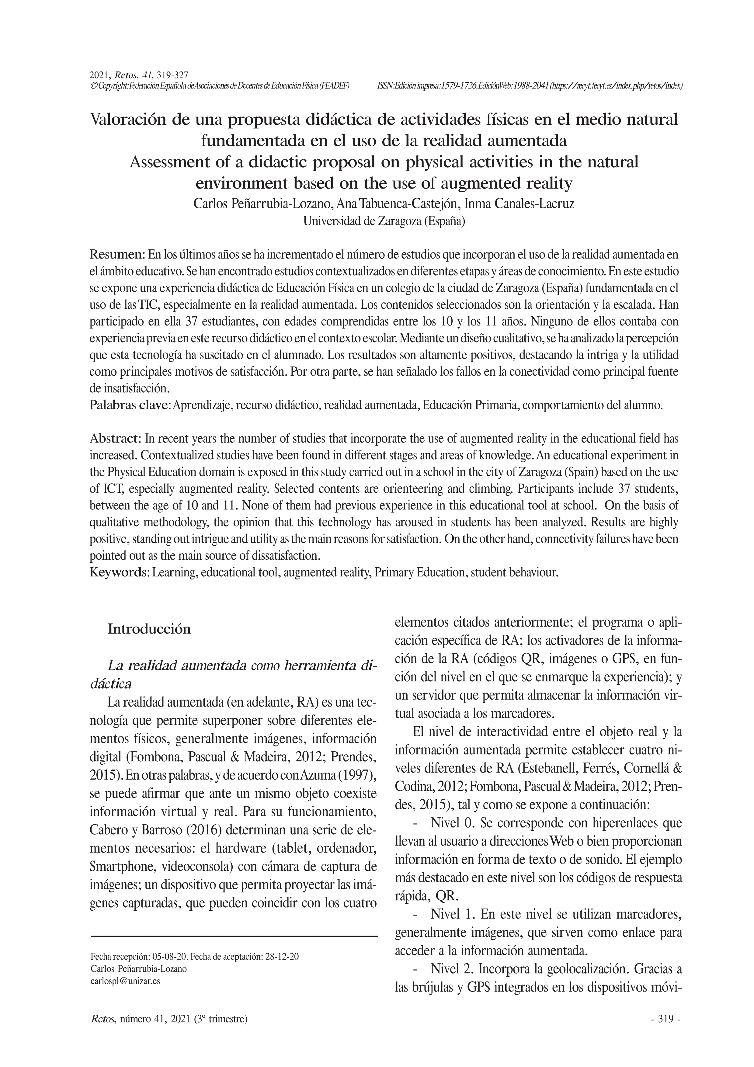 Valoración de una propuesta didáctica de actividades físicas en el medio natural fundamentada en el uso de la realidad aumentada