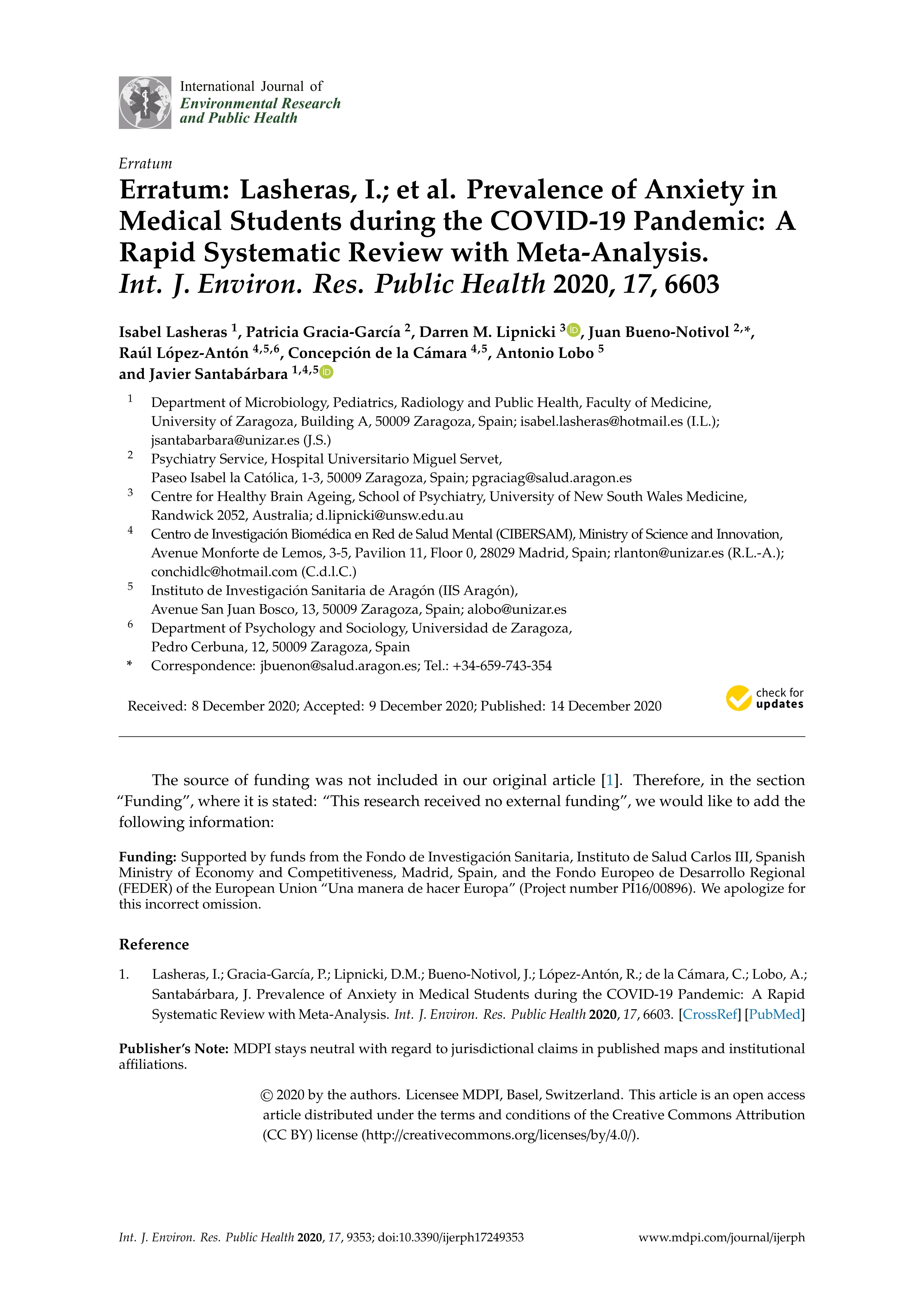 Erratum: Prevalence of anxiety in medical students during the covid-19 pandemic: A rapid systematic review with meta-analysis (Int. J. Environ. Res. Public Health 2020, 17, 6603)