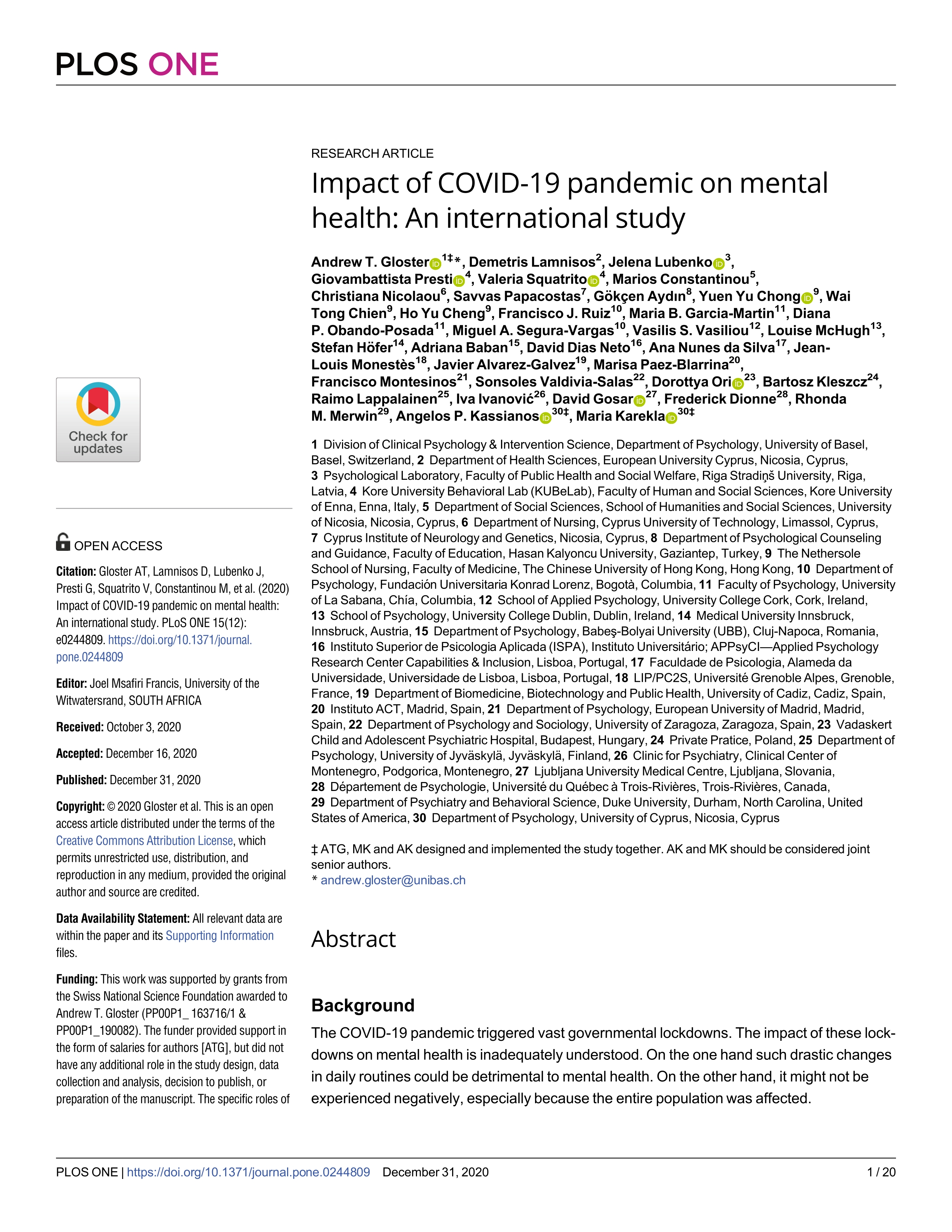 Impact of COVID-19 pandemic on mental health: An international study