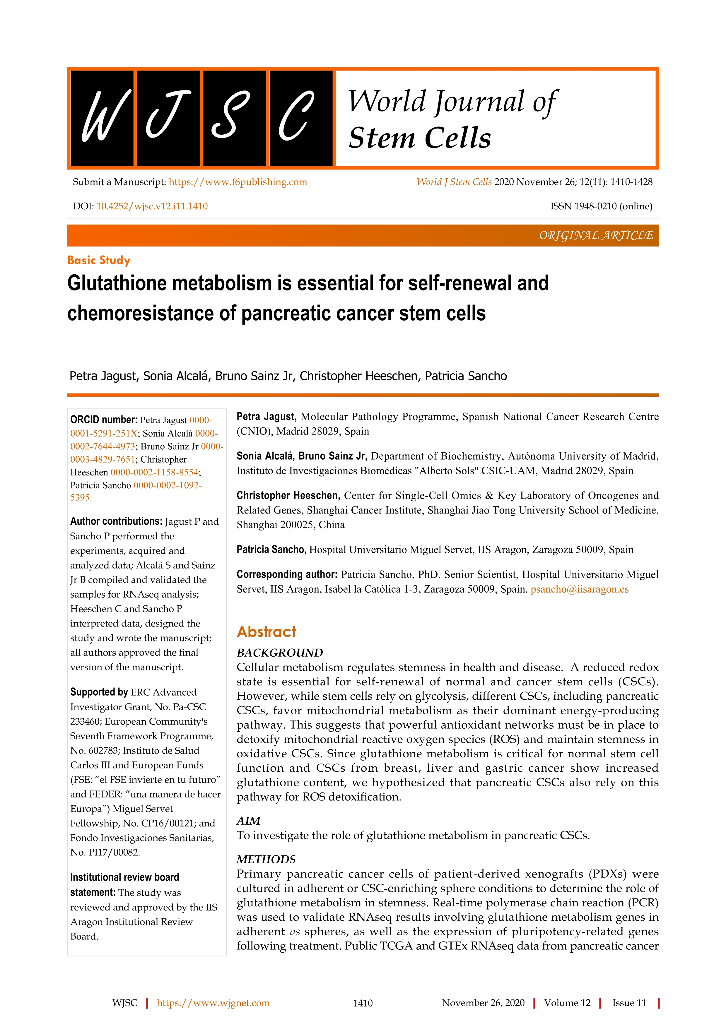 Glutathione metabolism is essential for self-renewal and chemoresistance of pancreatic cancer stem cells