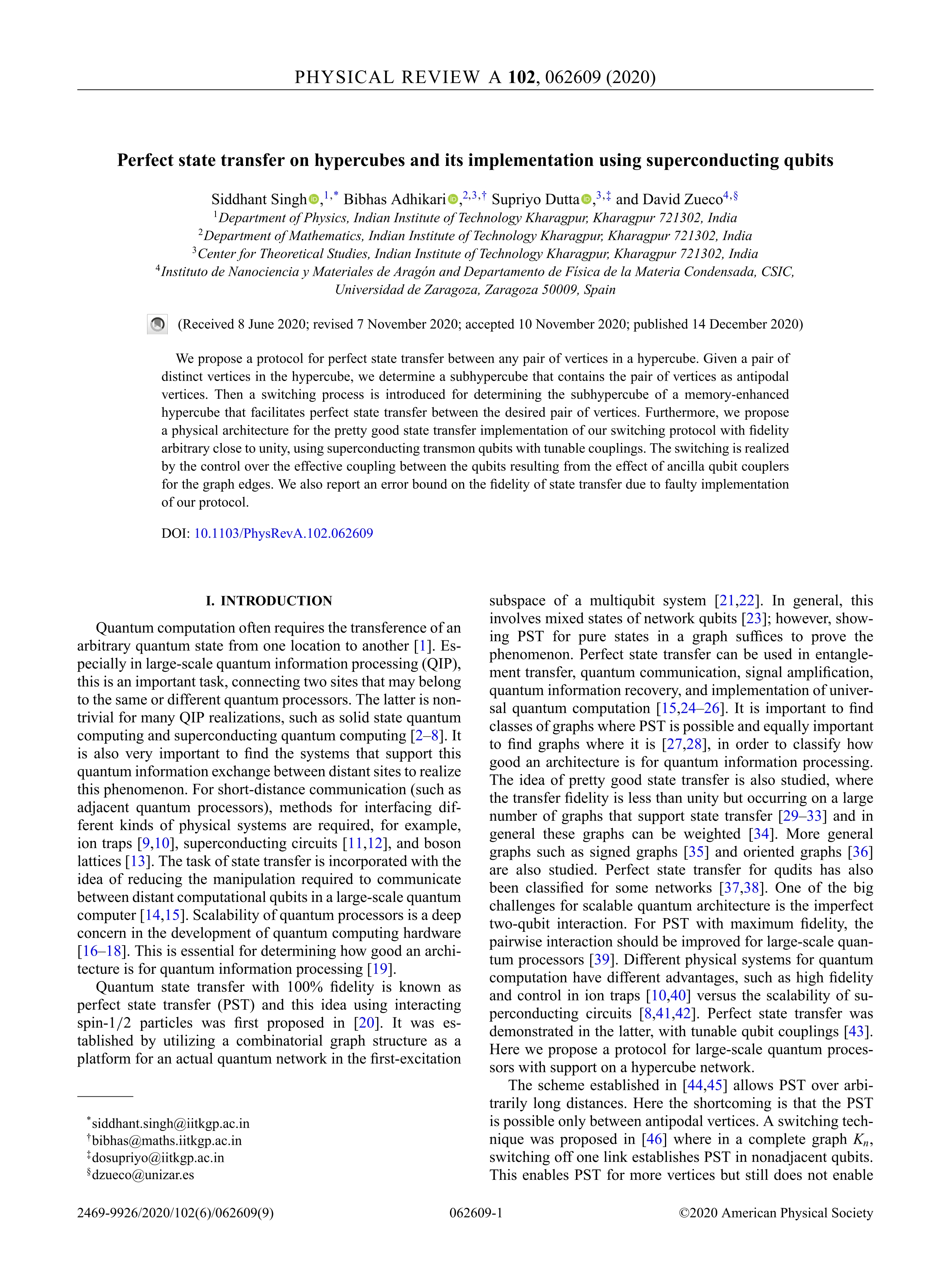 Perfect state transfer on hypercubes and its implementation using superconducting qubits