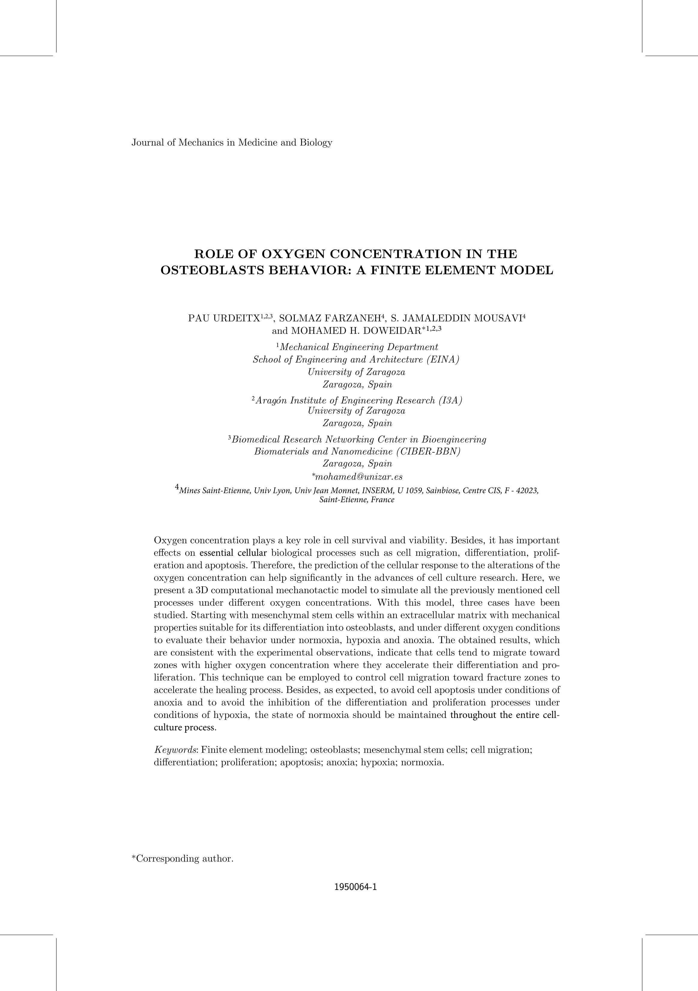 Role of oxygen concentration in the osteoblasts behavior: A finite element model